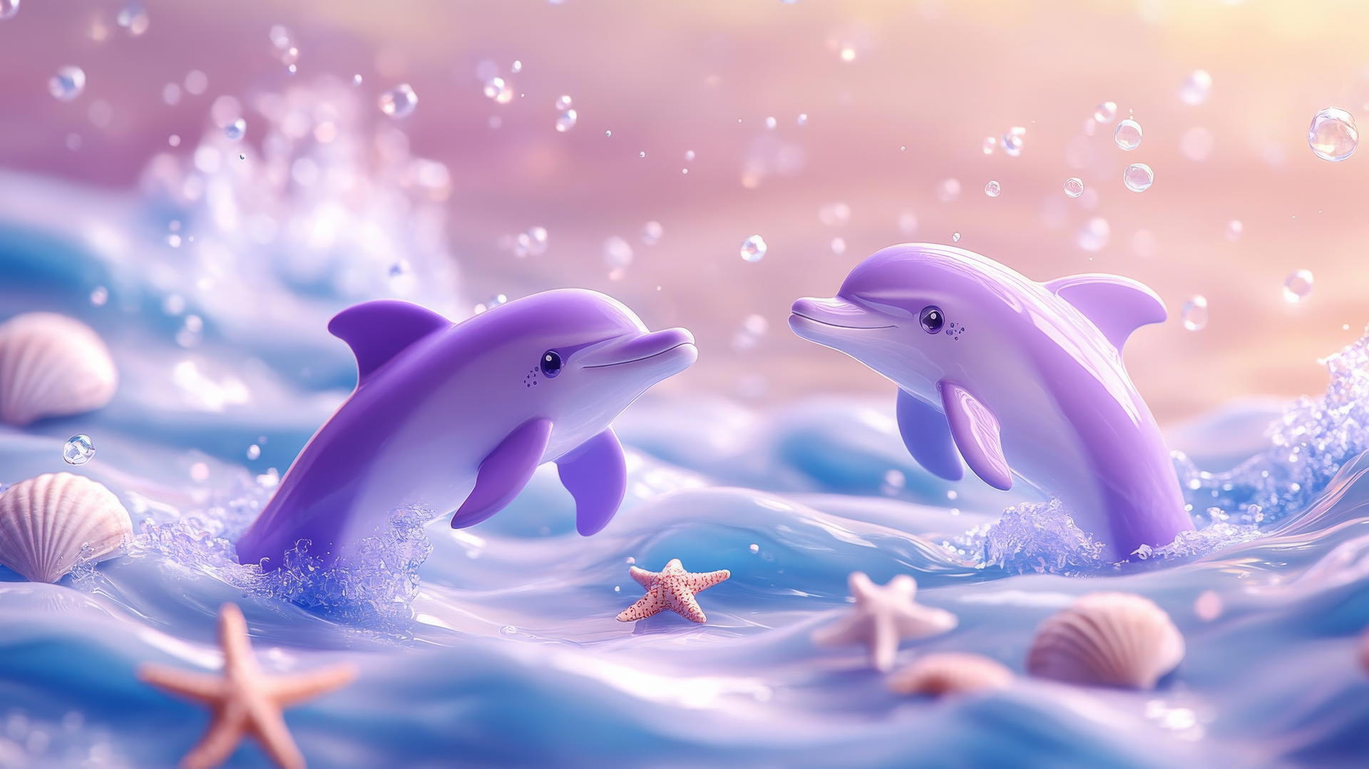 cute purple aesthetic wallpaper with cartoon-style dolphins and pastel waves