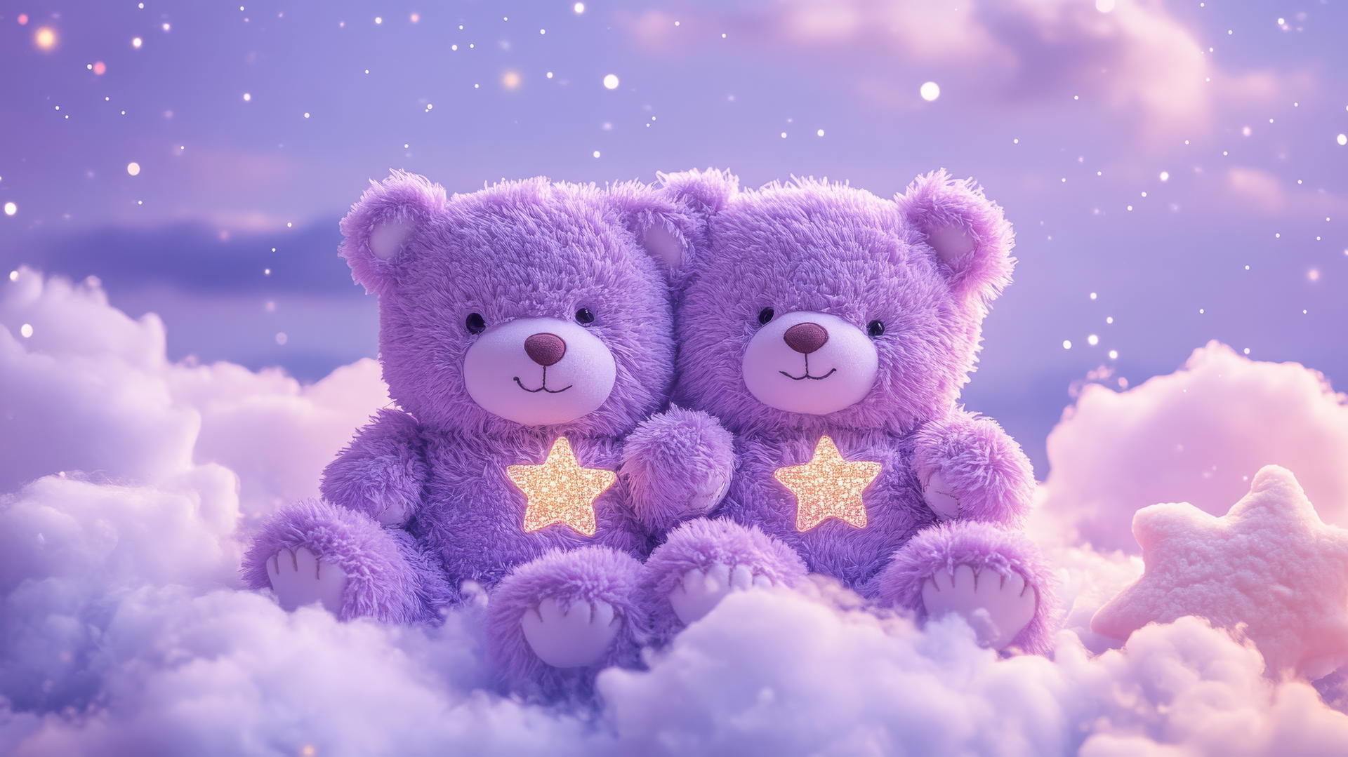 Cute purple aesthetic wallpaper with bears holding stars on fluffy clouds.