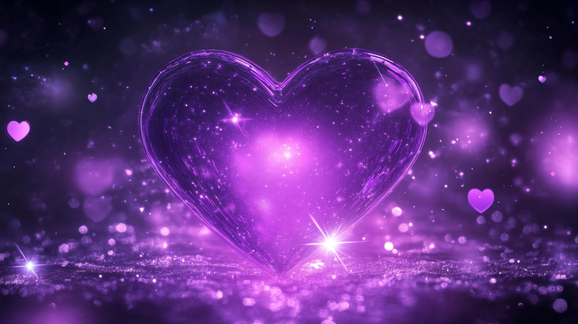 neon purple aesthetic wallpaper with a pulsating heart, surrounded by glowing stars and sparkles