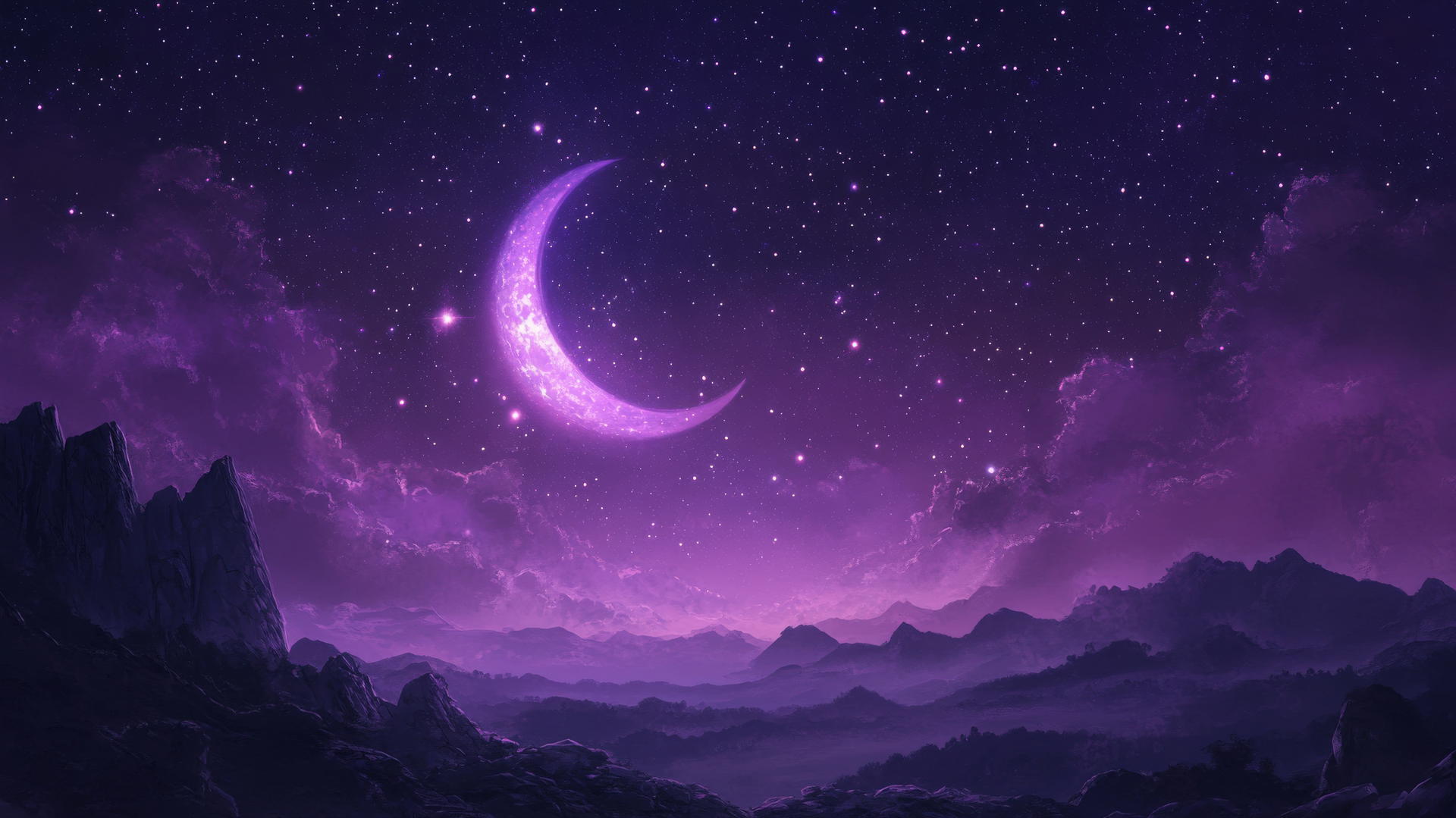celestial-inspired dark purple wallpaper with crescent moons and glowing stars