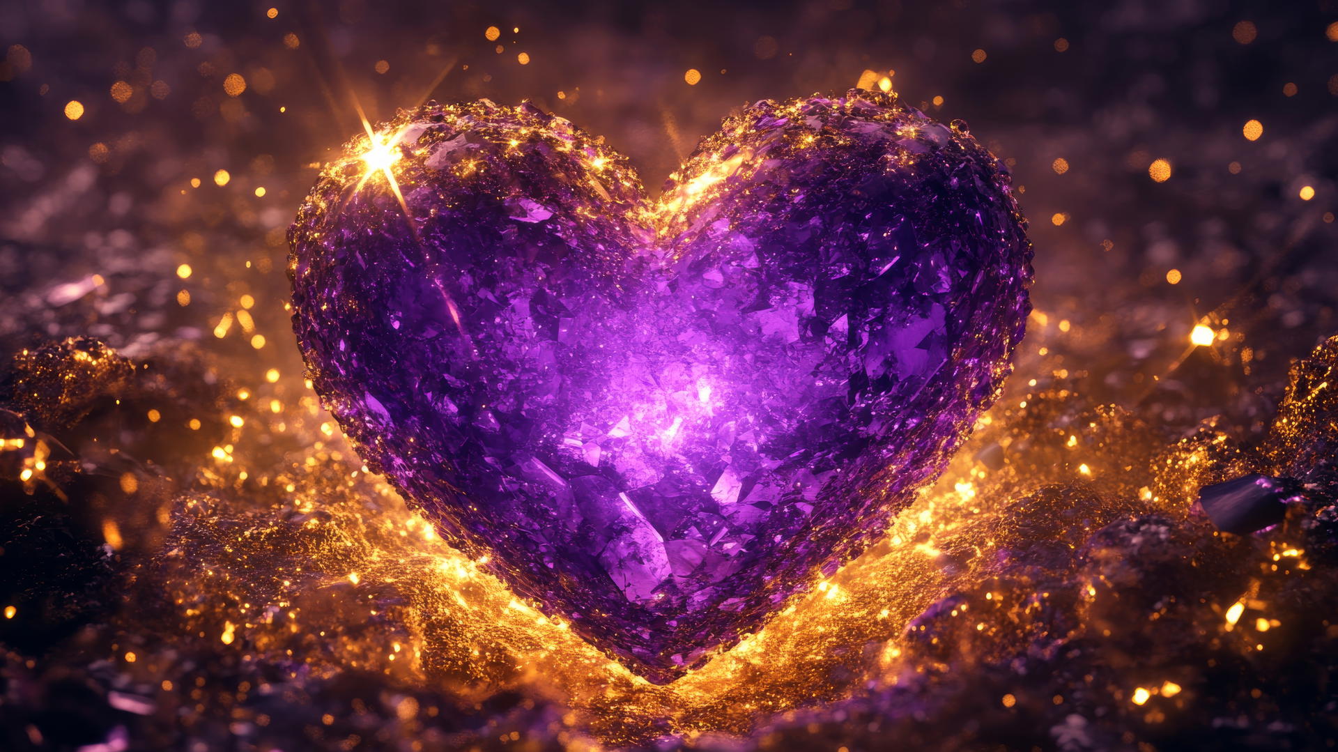 A luxurious purple heart wallpaper with a glowing gemstone heart surrounded by golden sparkles.