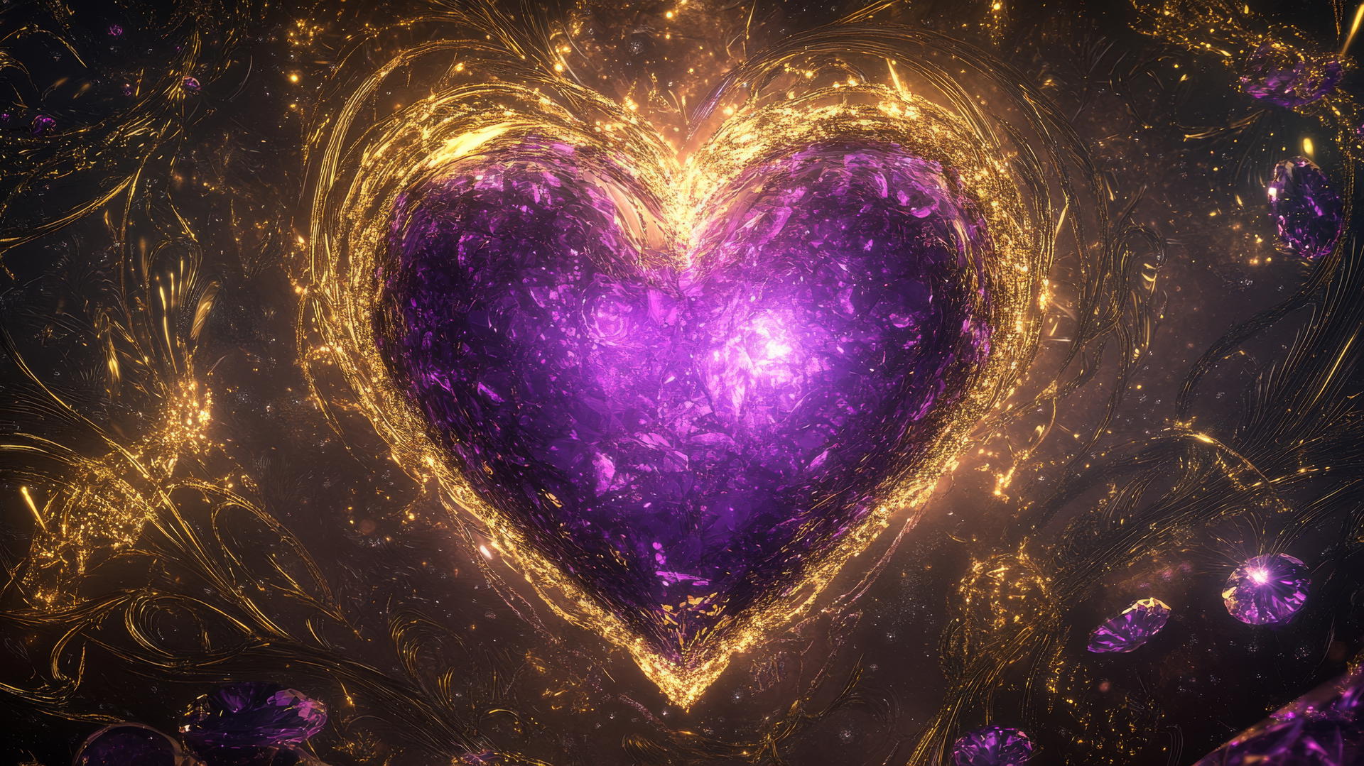 Luxurious purple heart wallpaper with gemstones, golden sparkles, and intricate patterns