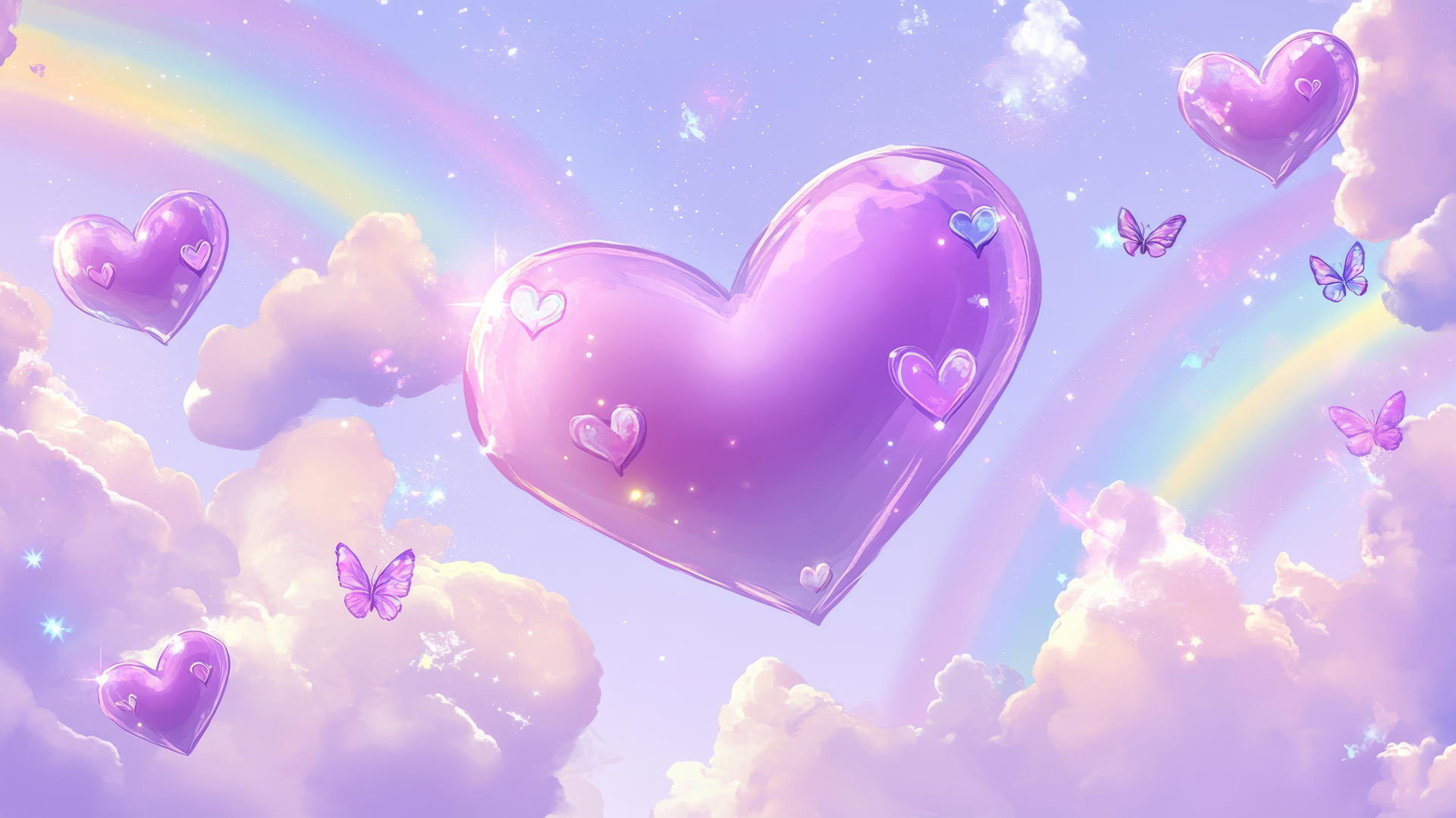 cute cartoon purple heart wallpaper with hearts, wings, rainbows, and butterflies