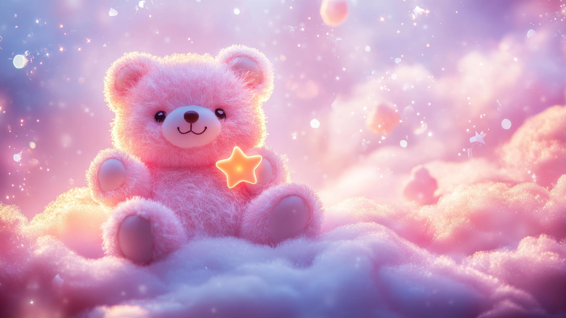 cute pink wallpaper with kawaii bear holding a tiny star on a fluffy cloud
