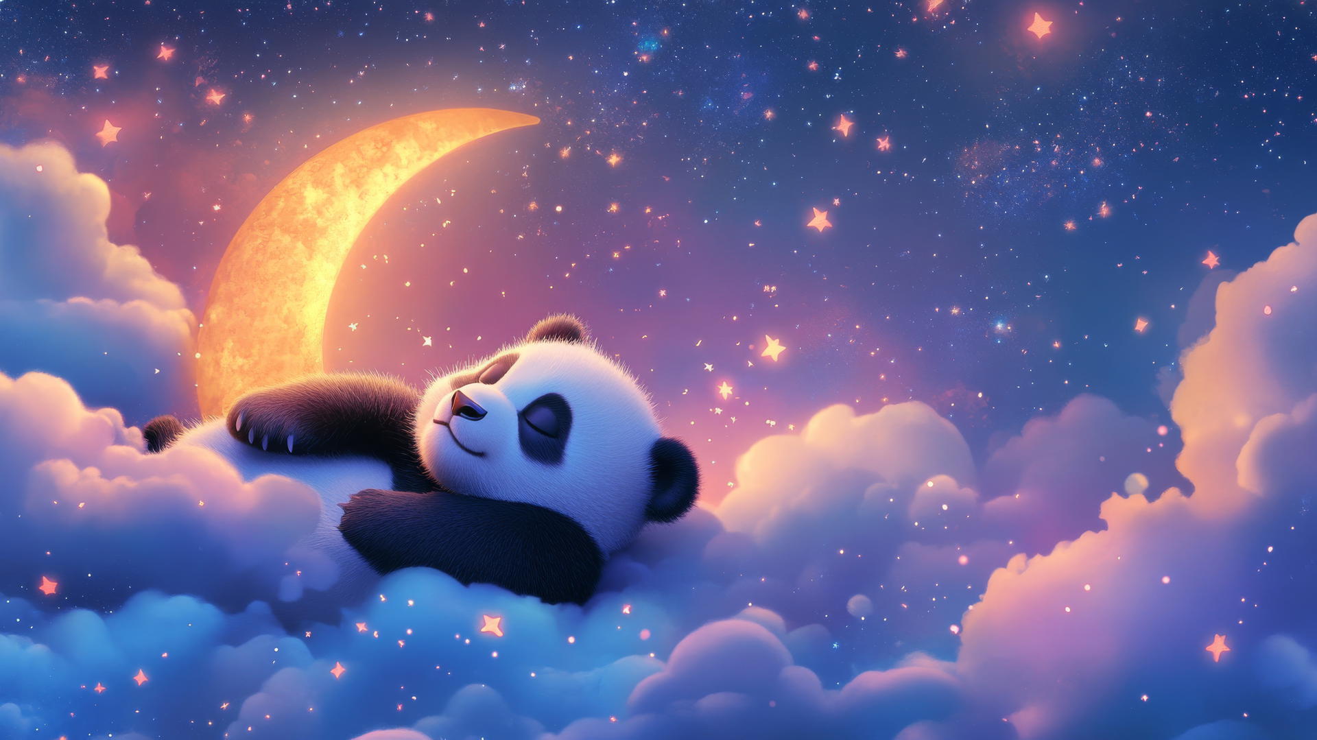 cute panda wallpaper 4k: sleepy panda on crescent moon with stars and pastel clouds