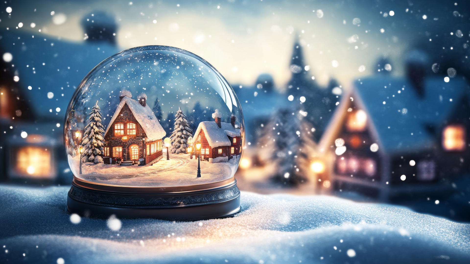 whimsical snow globe scene with winter village and streetlamps, winter background wallpaper