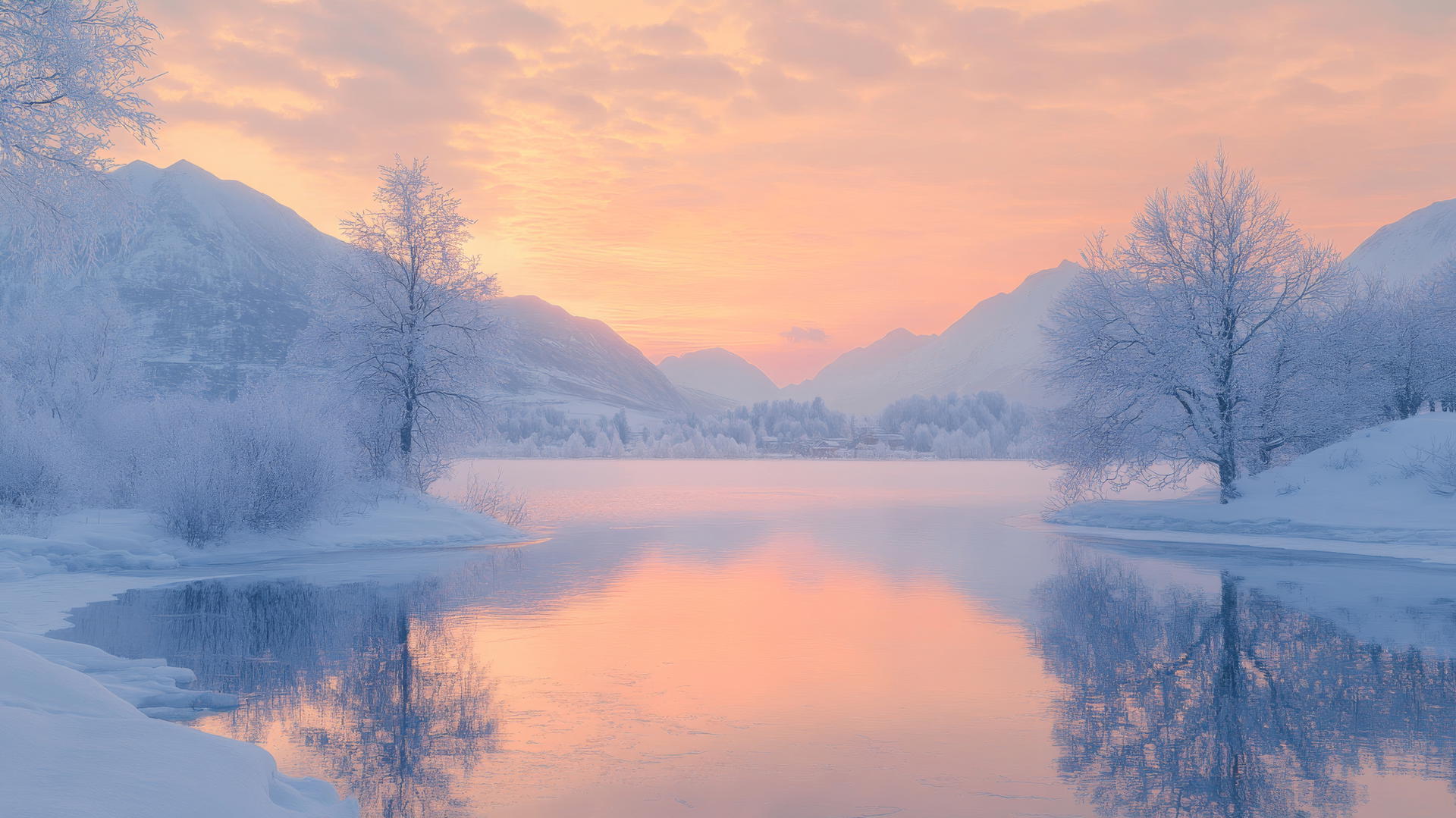 Winter aesthetic wallpaper with icy lake, barren trees, and soft sunset hues.