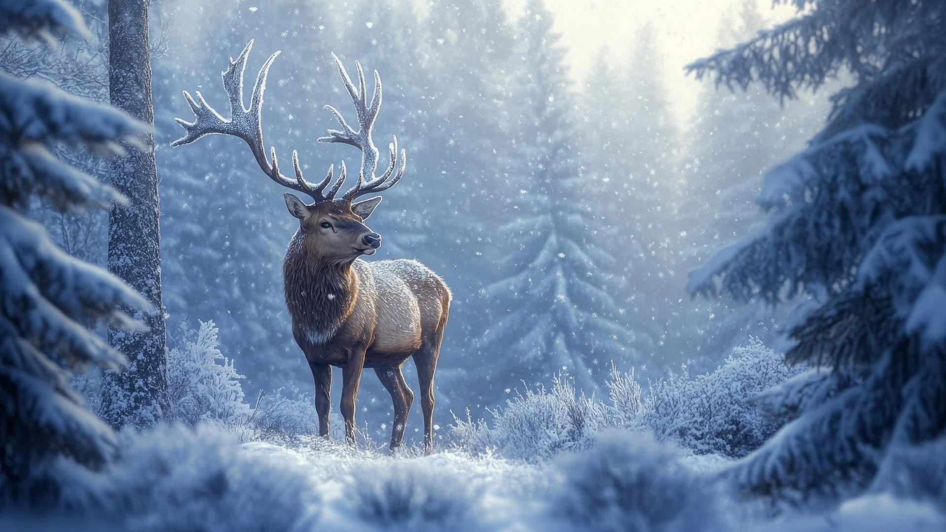 A majestic stag with frosted antlers in a snowy forest surrounded by pine trees, creating a beautiful winter wallpaper.