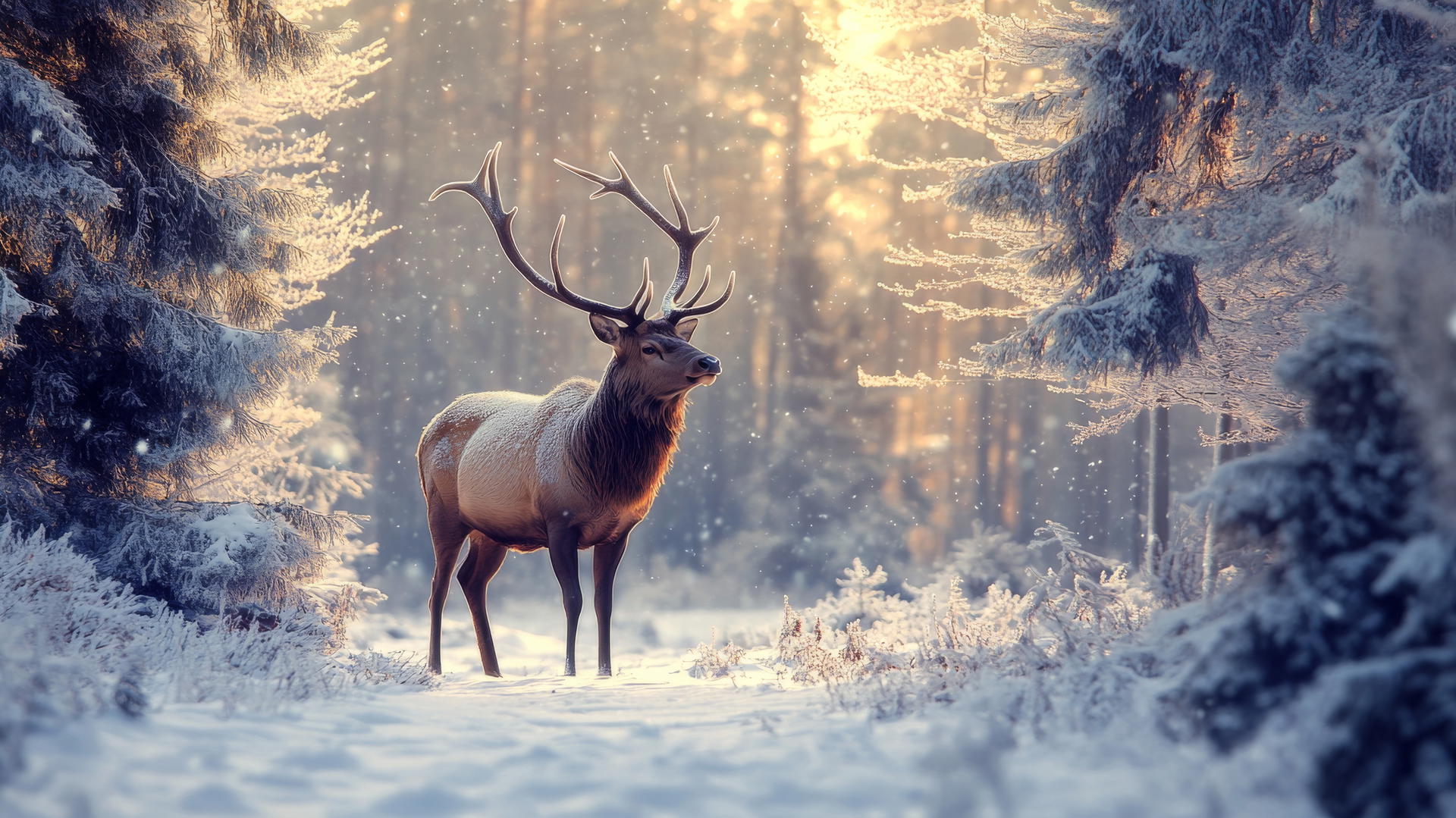 A majestic stag standing in a snowy forest with frosted antlers surrounded by tall pine trees, beautiful winter wallpaper.