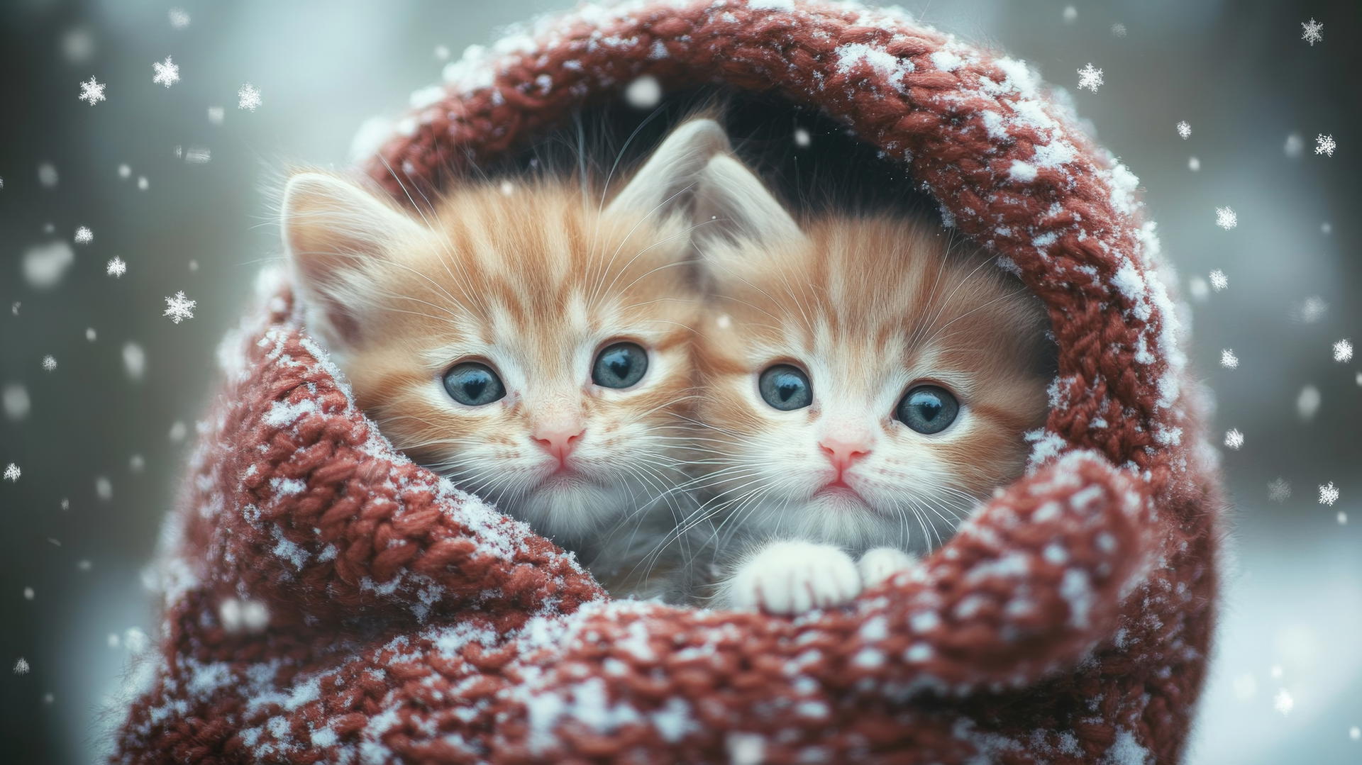 Cute winter wallpaper with kittens in mitten and falling snowflakes.