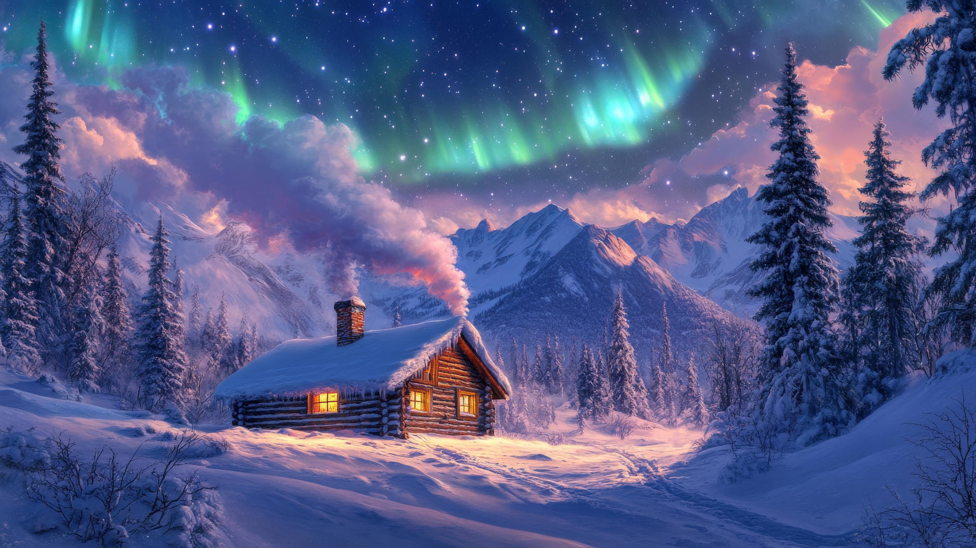 winter background wallpaper with snow-covered mountain cabin, chimney smoke, towering pine trees, and northern lights