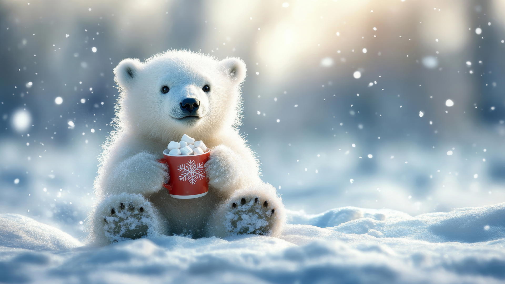 cute bear wallpaper of a chubby polar bear cub with hot cocoa in the snow