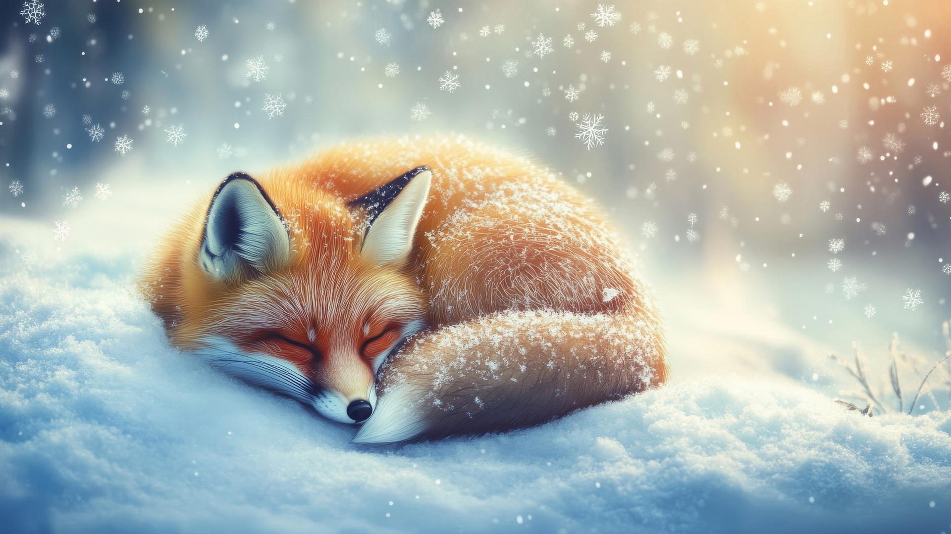 Cute winter wallpaper with a sleepy fox curled up in the snow.