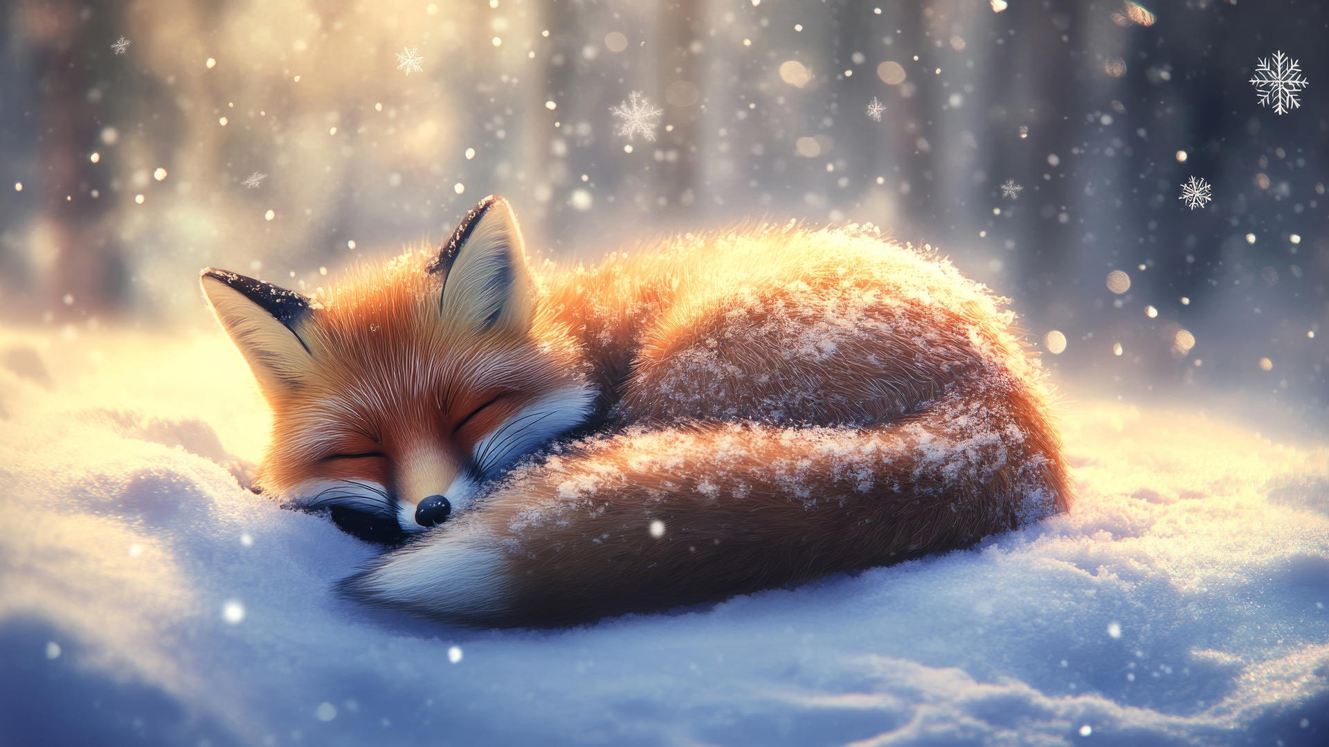 cute winter wallpaper with a sleepy fox curled up in the snow, snowflakes on fur