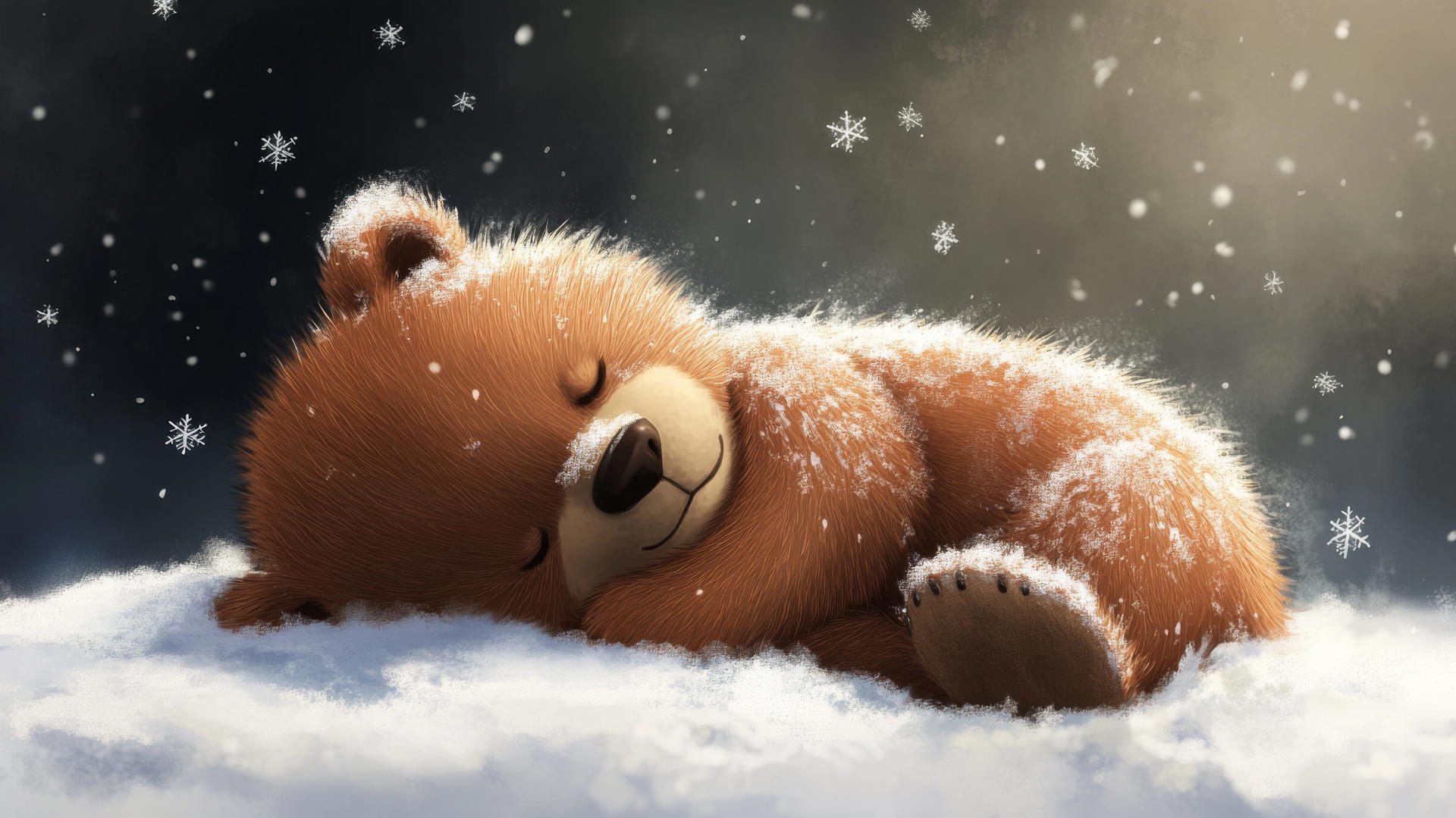cute winter wallpaper of a sleepy bear curled up in the snow with snowflakes