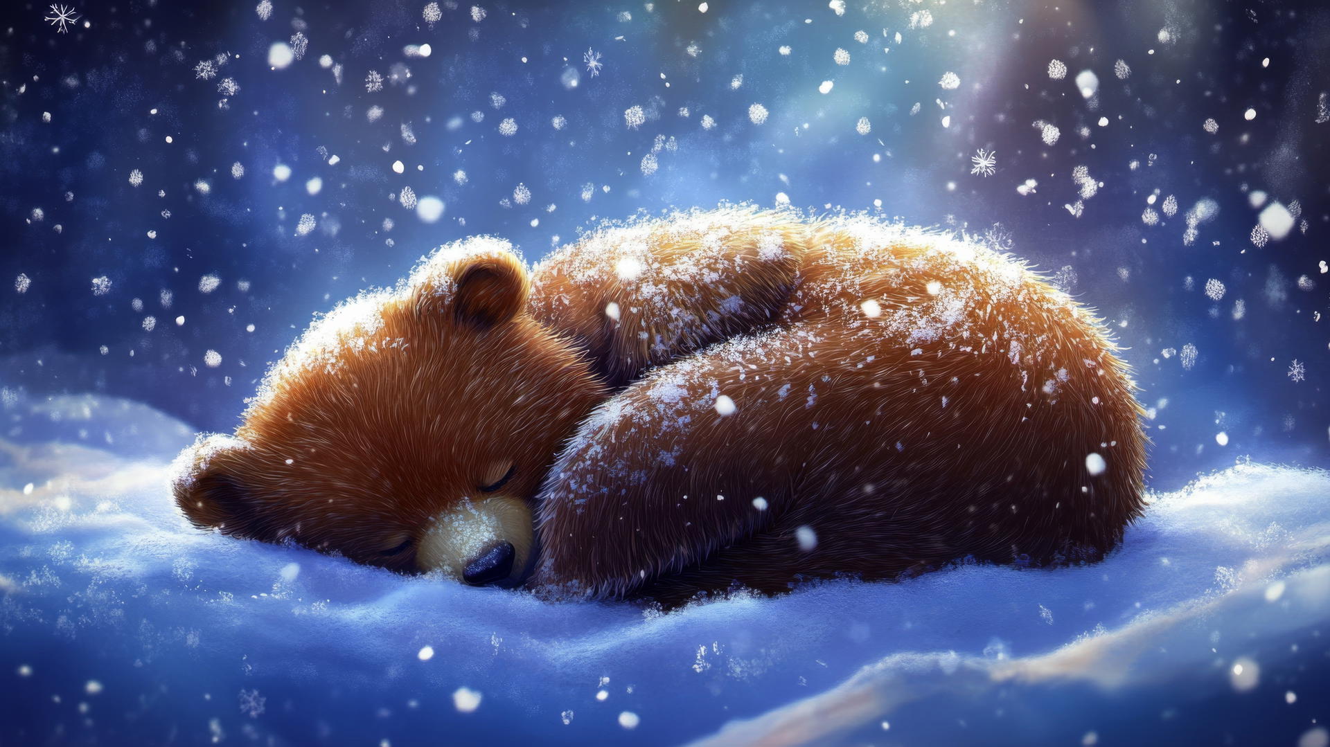 cute winter wallpaper with sleepy bear in snow