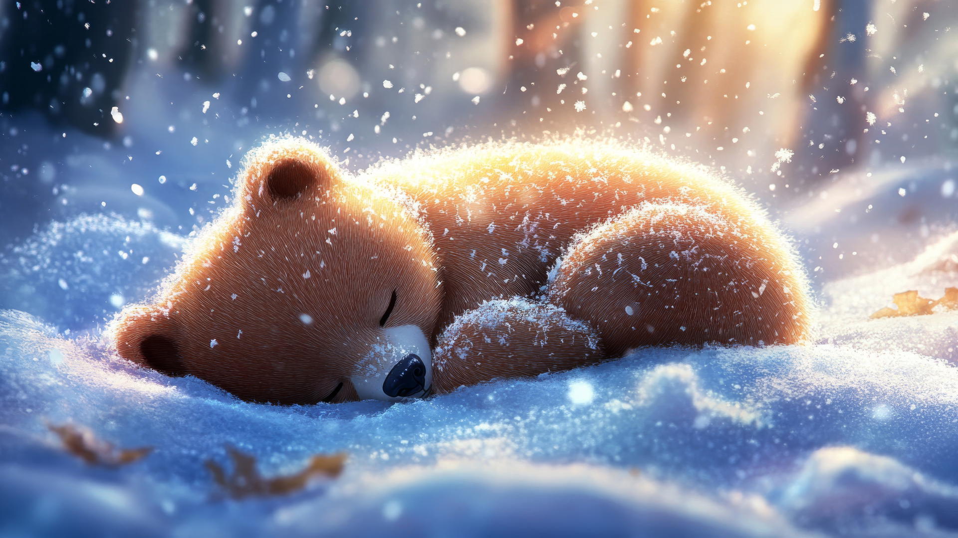 cute winter wallpaper with a sleepy bear curled up in the snow and snowflakes on its fur