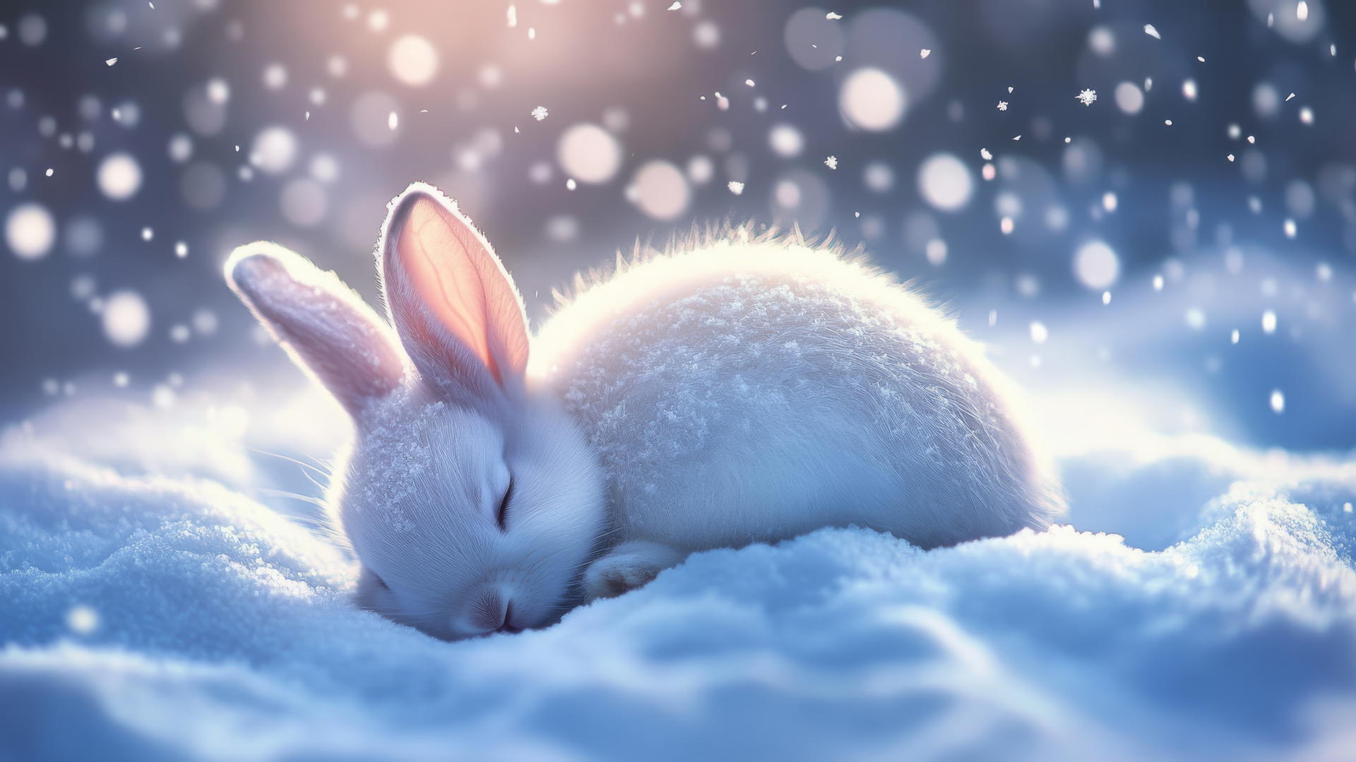 cute winter wallpaper of a sleepy bunny curled up in the snow with snowflakes on its fur