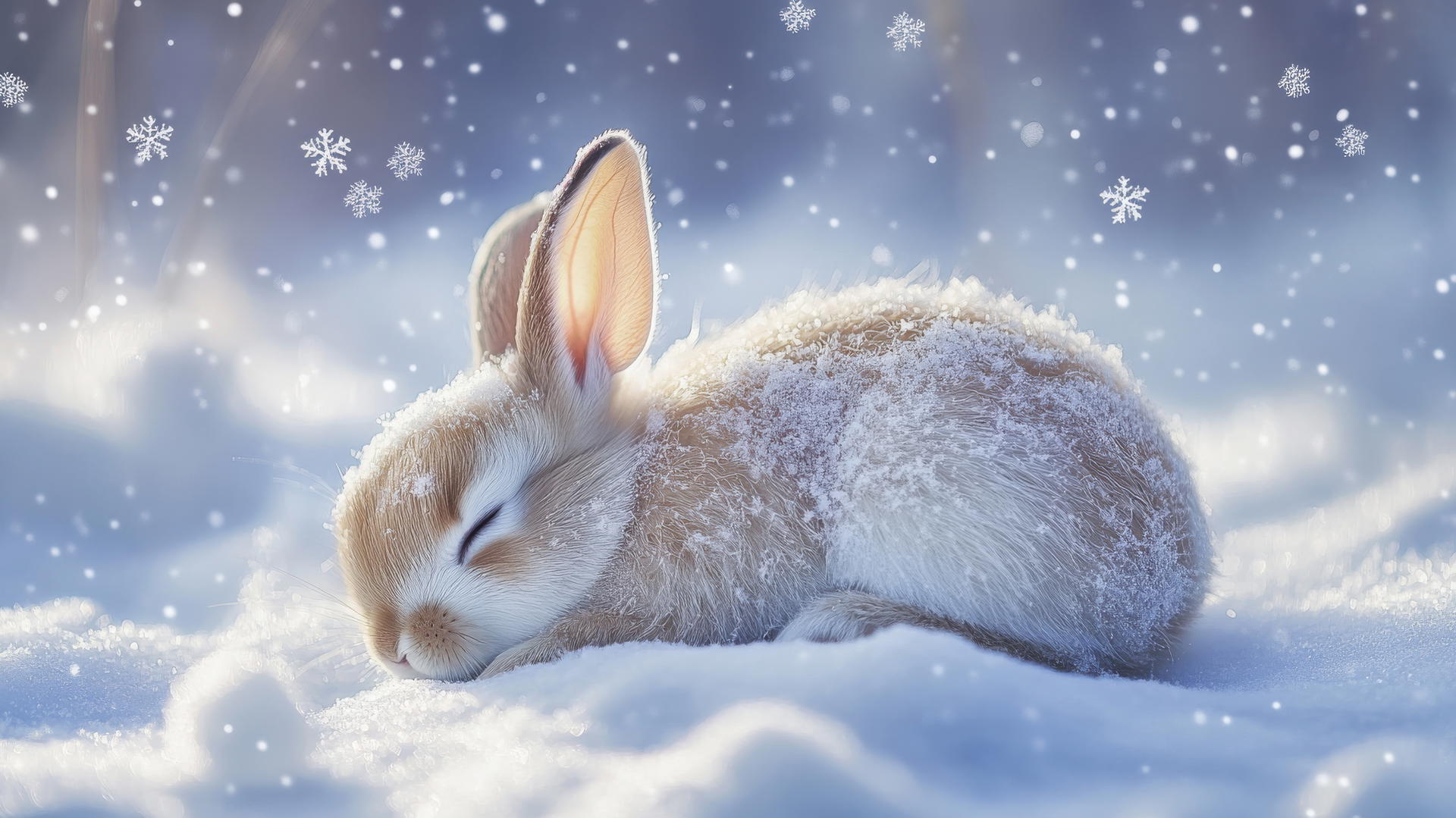 cute winter wallpaper of a sleepy bunny curled in snow with snowflakes