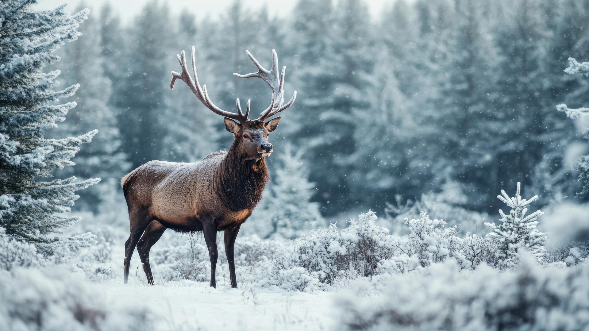 Beautiful winter wallpaper with a majestic stag in a snowy forest.