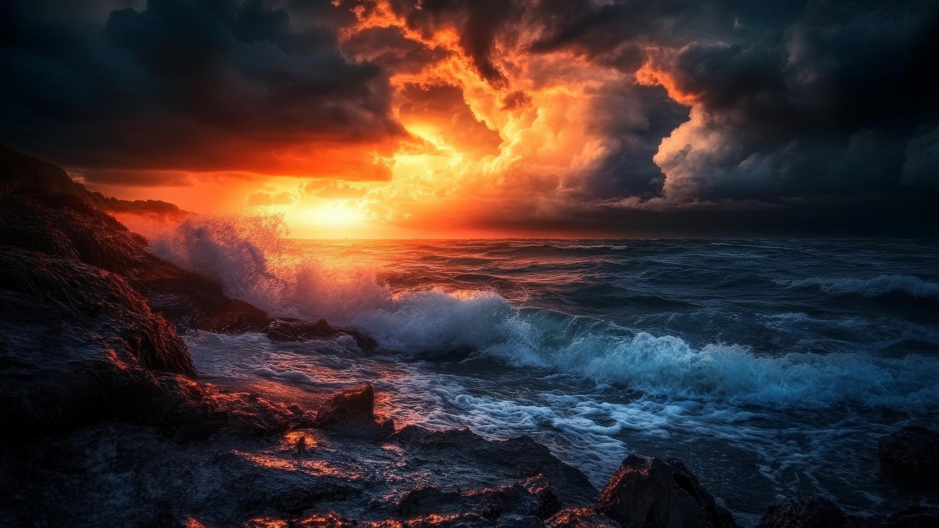 Moody beach sunset wallpaper over rocky shore with crashing waves