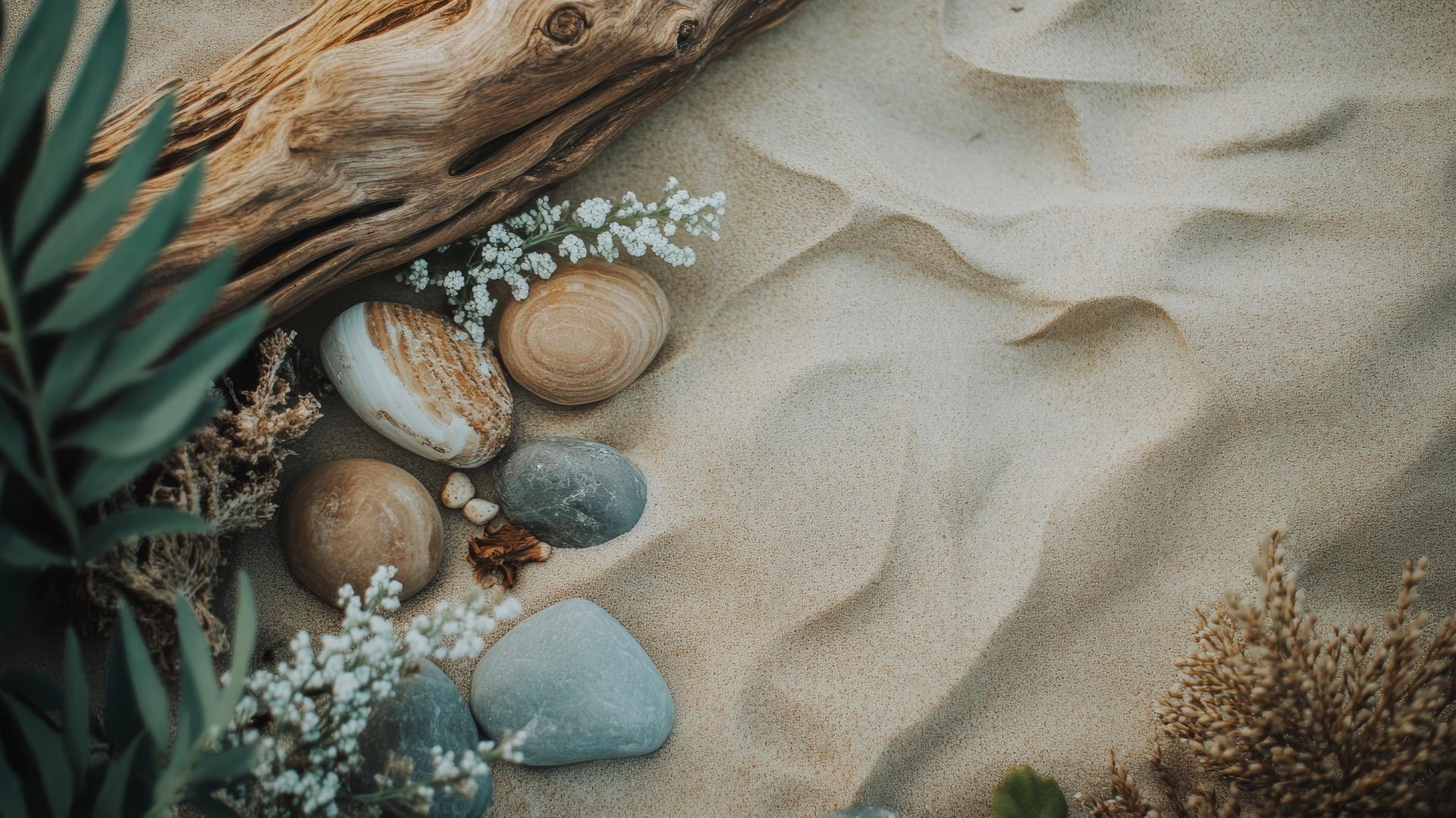 boho beach wallpaper aesthetic with driftwood, smooth stones, seafoam, and sand
