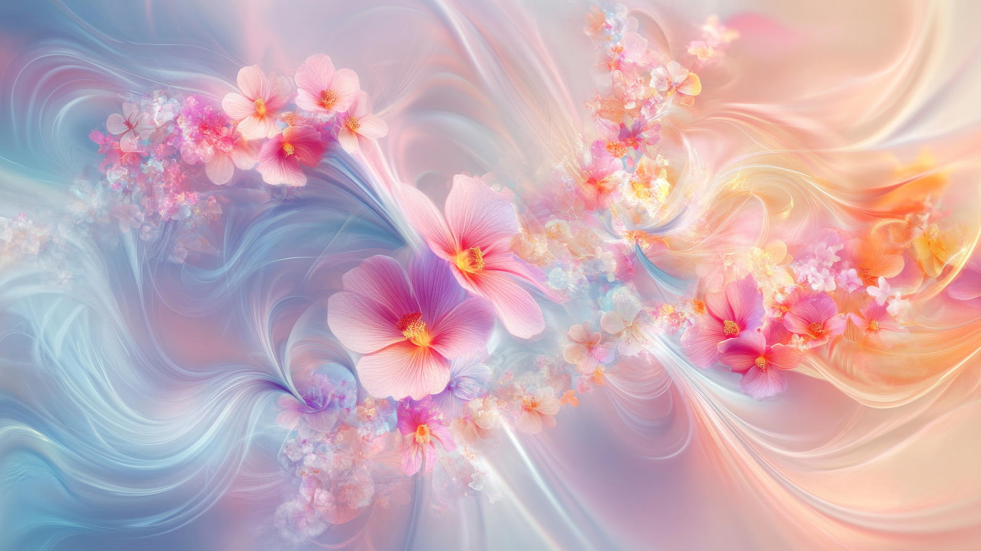 Spring wallpaper with swirling floral elements in light colors