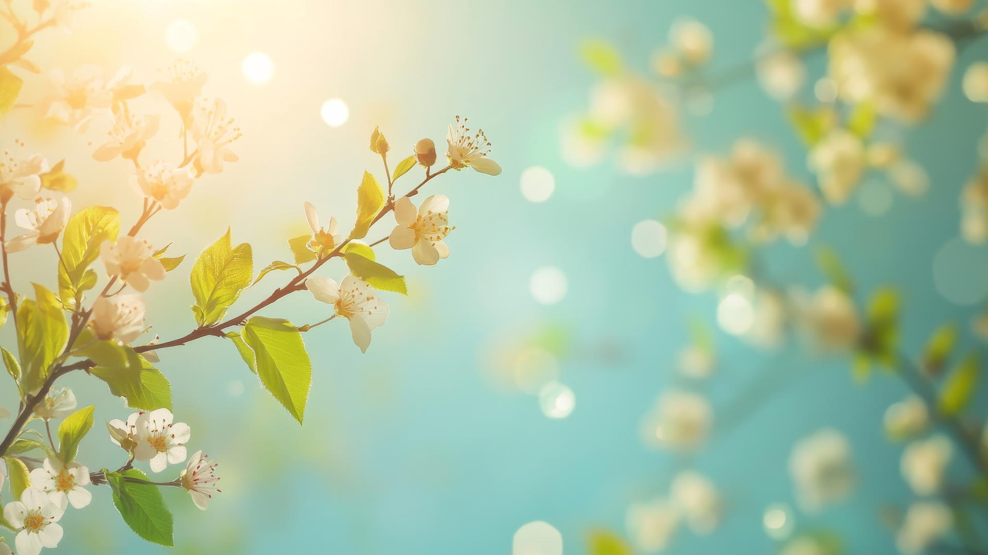 spring wallpaper with delicate branches, new growth, blossoms, soft sky