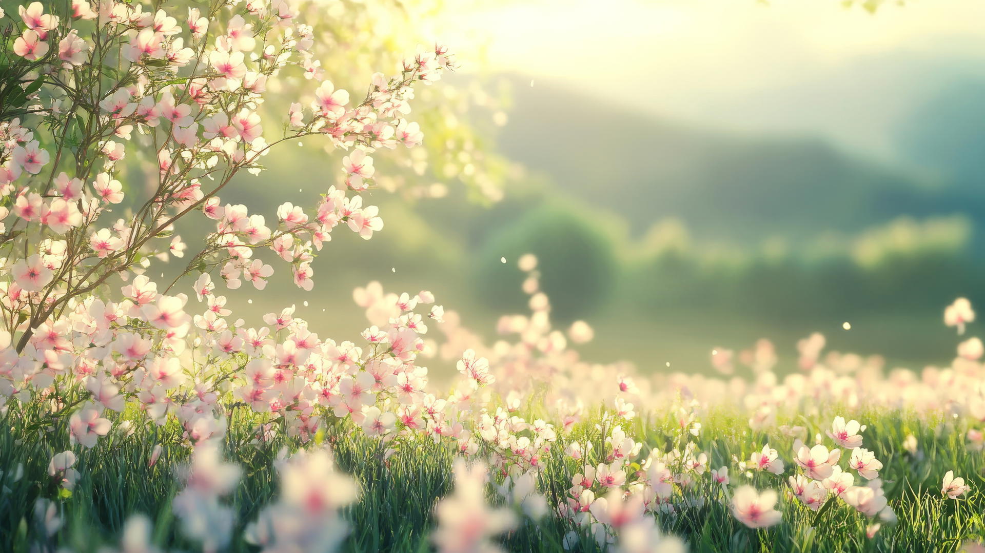 serene countryside scene with blooming wildflowers and spring wallpaper