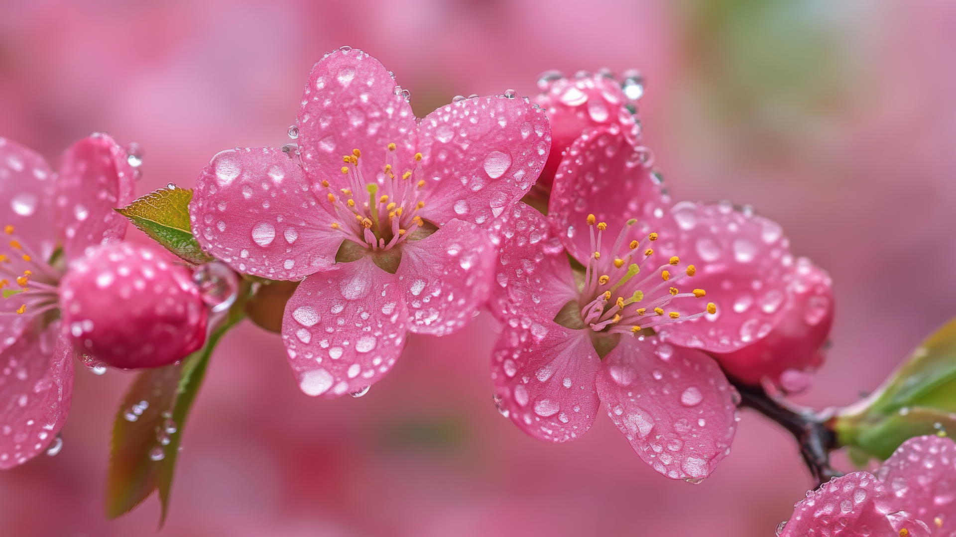 spring wallpaper with newly bloomed flowers and water droplets