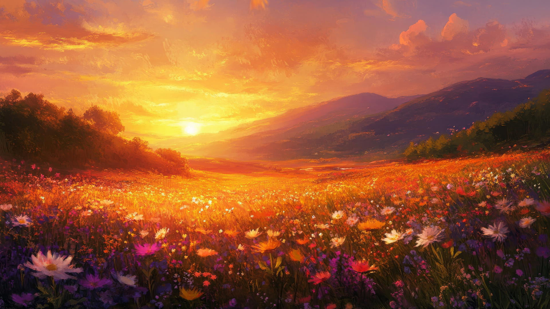 spring wallpaper of a vibrant sunset over a field of wildflowers