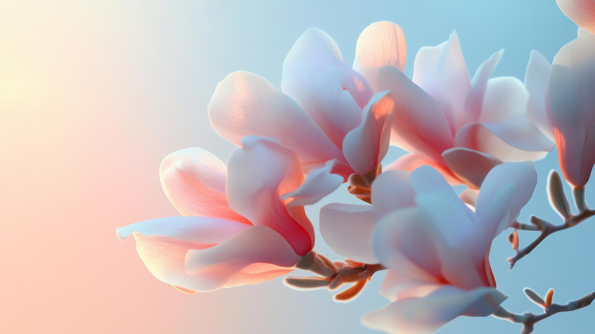 spring wallpaper with delicate petals in soft pastels against a light gradient background