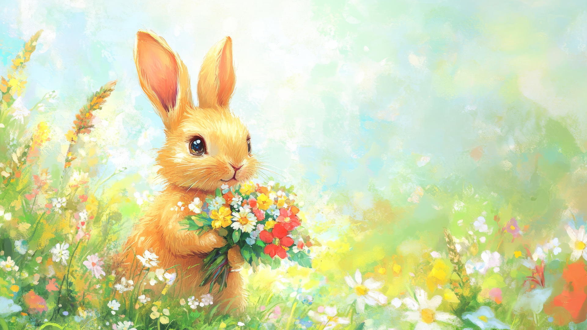 cute spring wallpaper with bunny holding flowers in colorful meadow