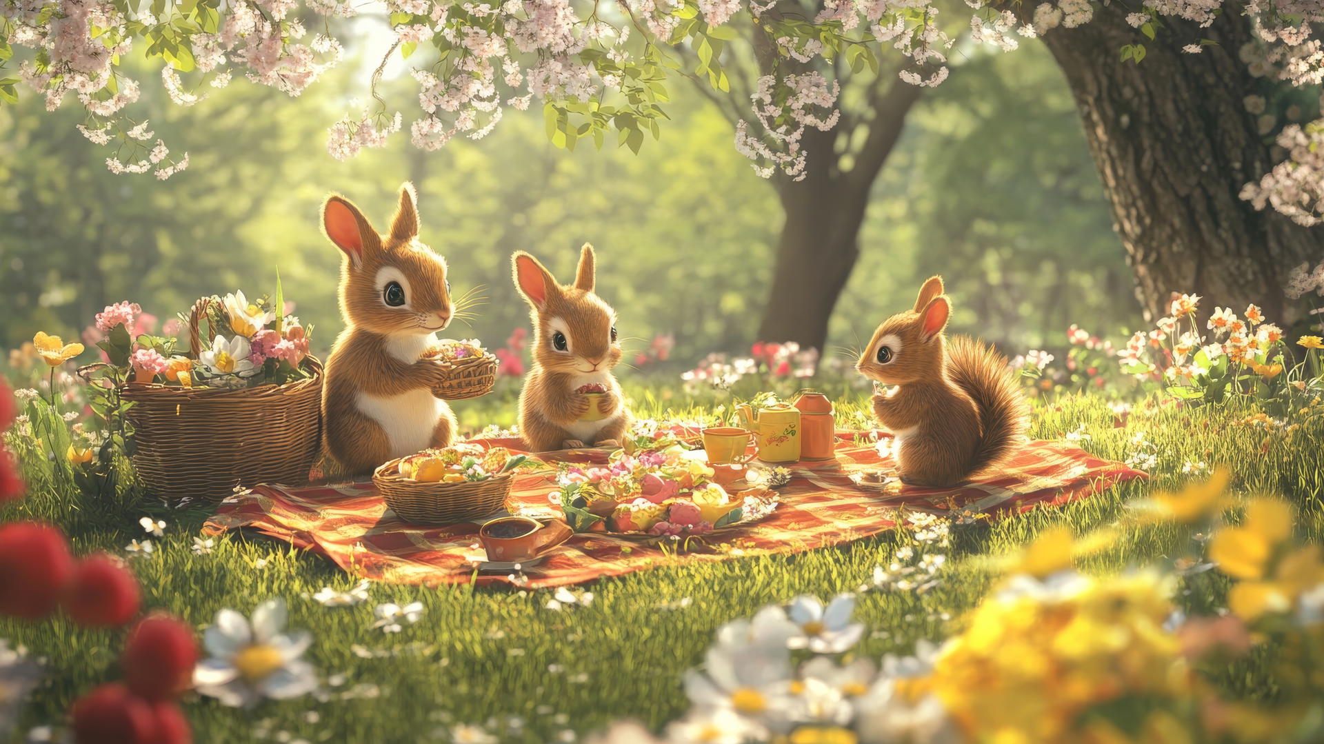cute spring wallpaper with a charming picnic, squirrels, and rabbits