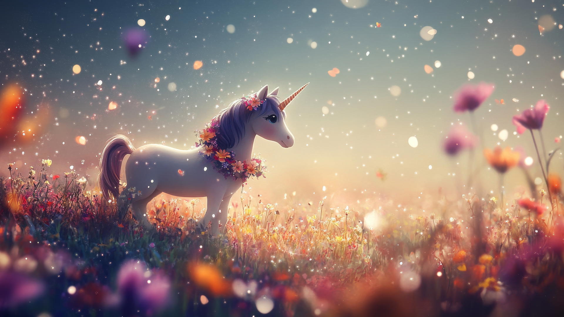 Cute spring wallpaper with a tiny unicorn wearing a flower garland, prancing in twinkling flowers.