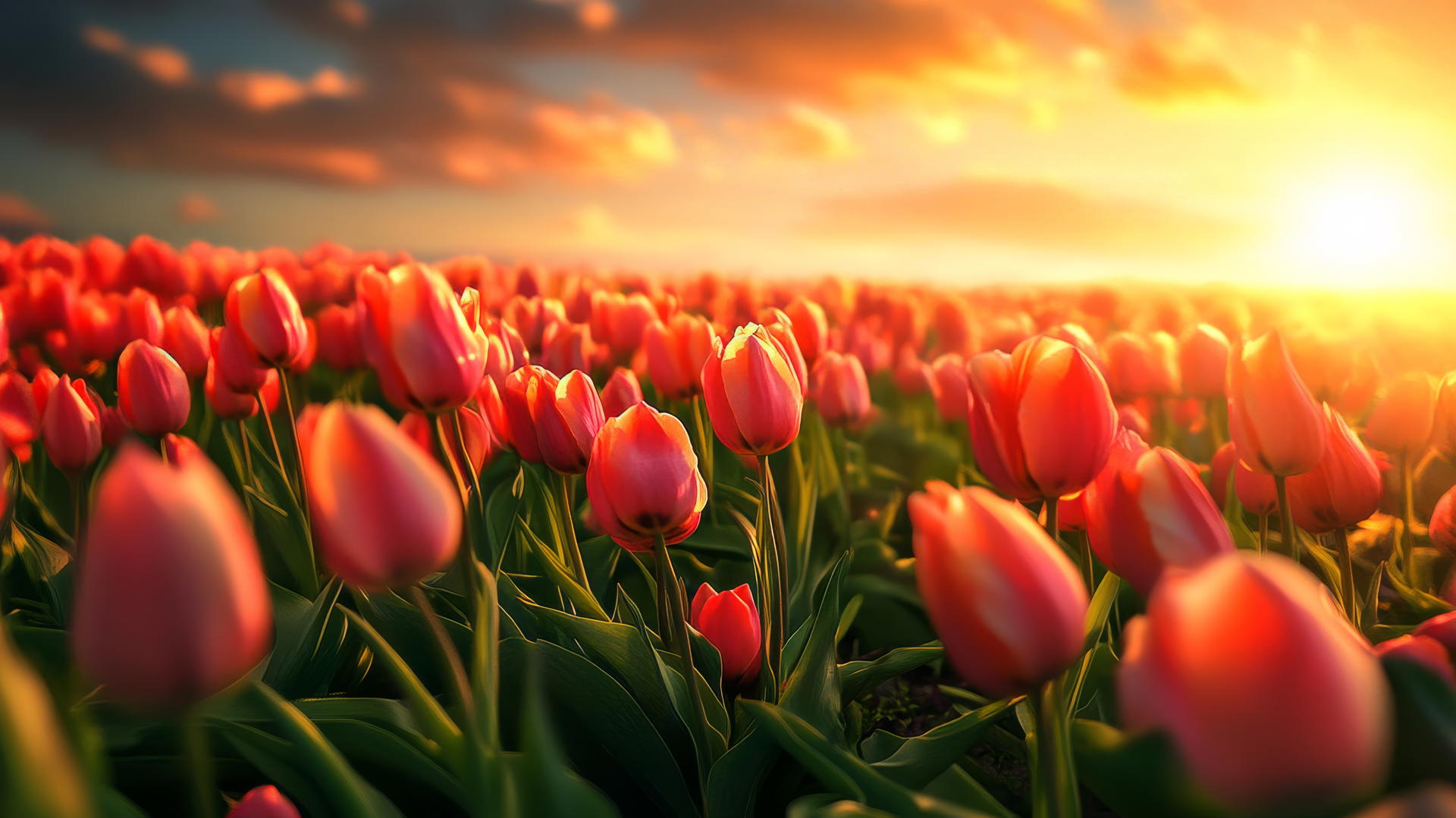 spring flowers wallpaper with a field of tulips in full bloom under a warm sunlight