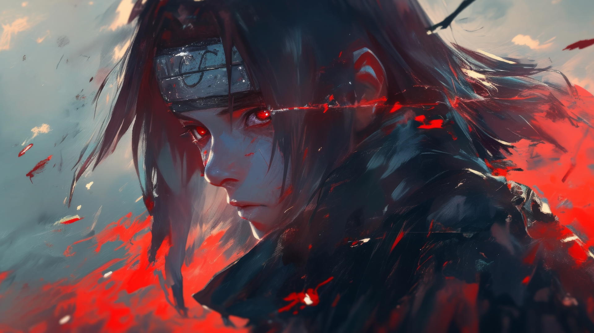 itachi uchiha drawing with quick, broad brush strokes and vibrant colors