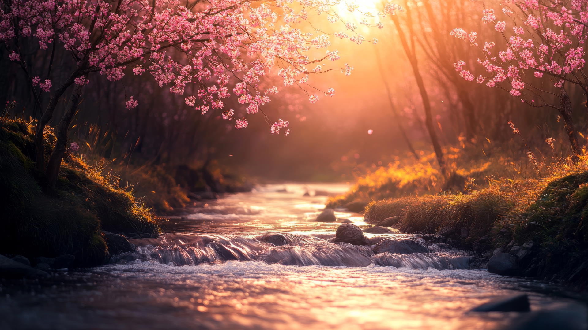 Spring aesthetic wallpaper with blooming cherry blossoms and golden light