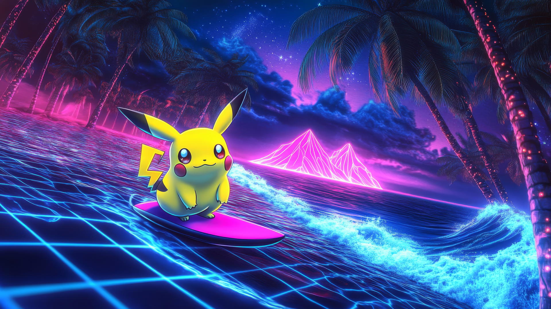 Surfing Pikachu with neon colors and a grid-like ocean