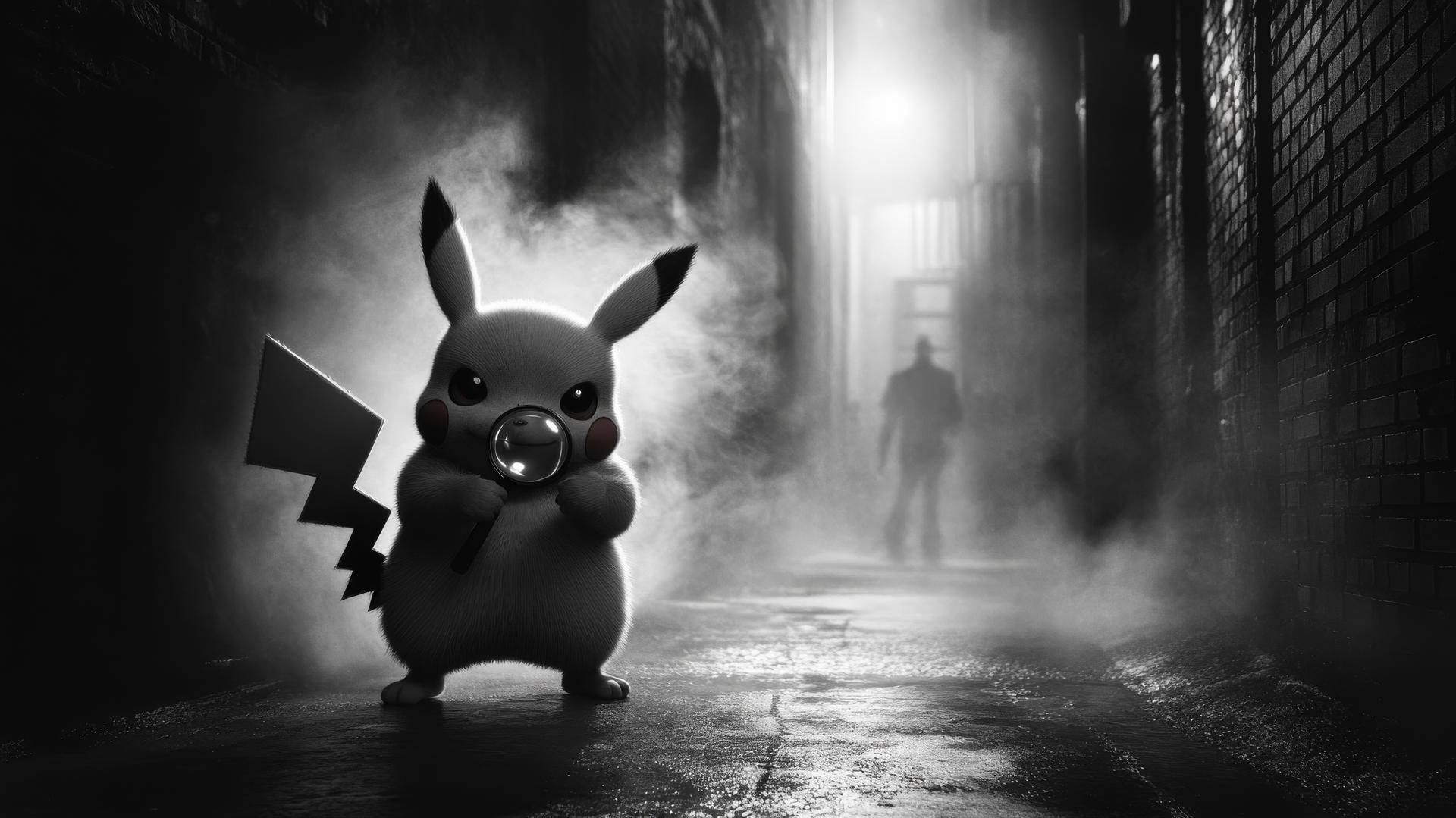 Detective Pikachu in a foggy alleyway, holding a magnifying glass
