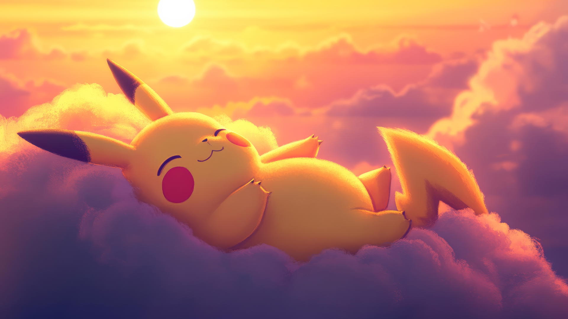 Fat Pikachu lounging on a soft cloud with a glowing sunset