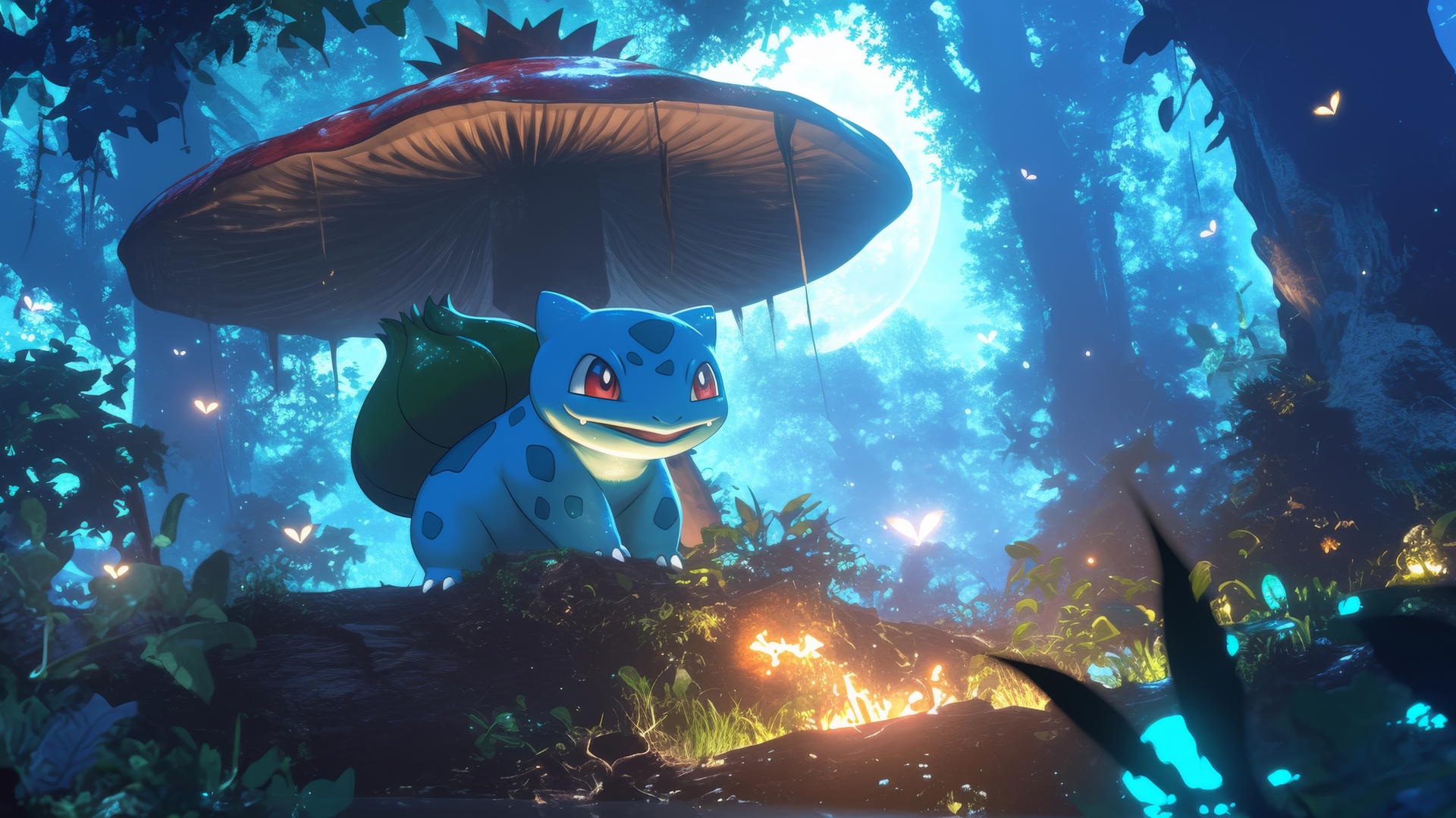 Pokemon Bulbasaur in a serene forest clearing under glowing mushroom at night.