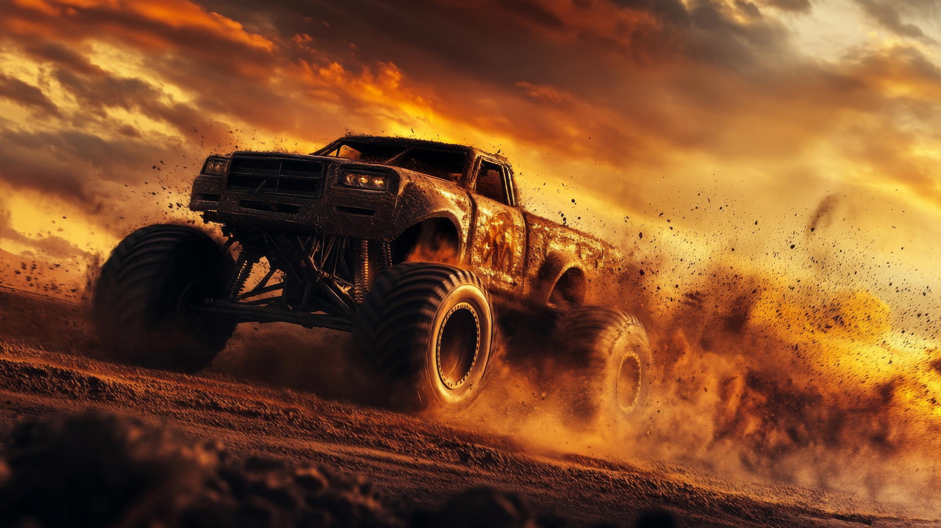 A roaring monster truck kicking up dirt over a ramp during a sunset — cool wallpapers for boys