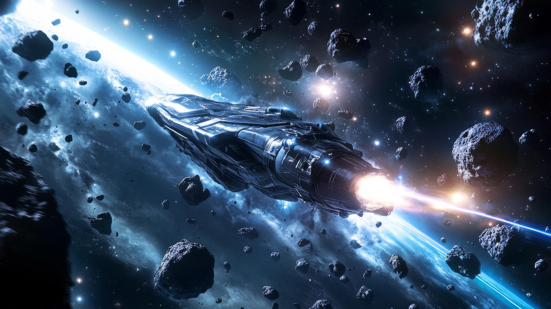 Sleek spaceship blasting through asteroids in deep space, glowing trails, cool wallpapers for boys.