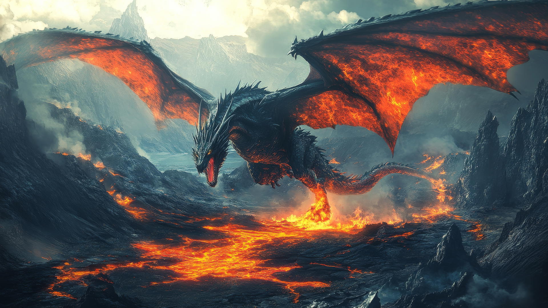 A powerful dragon soaring above lava rivers in a volcanic landscape, cool wallpapers for boys
