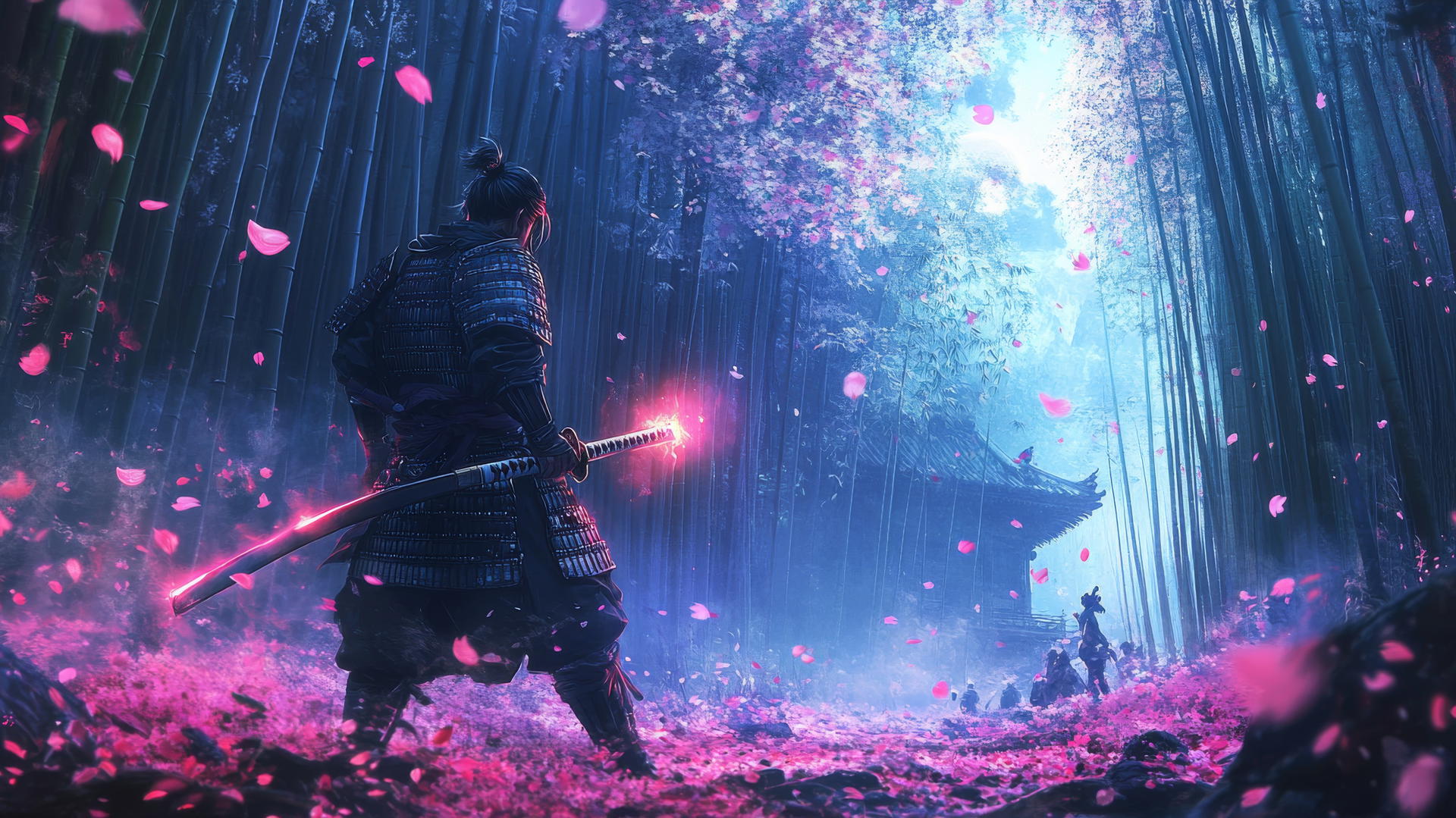 A fierce samurai warrior with a glowing katana in a bamboo forest with cherry blossoms falling around him, cool wallpapers for boys