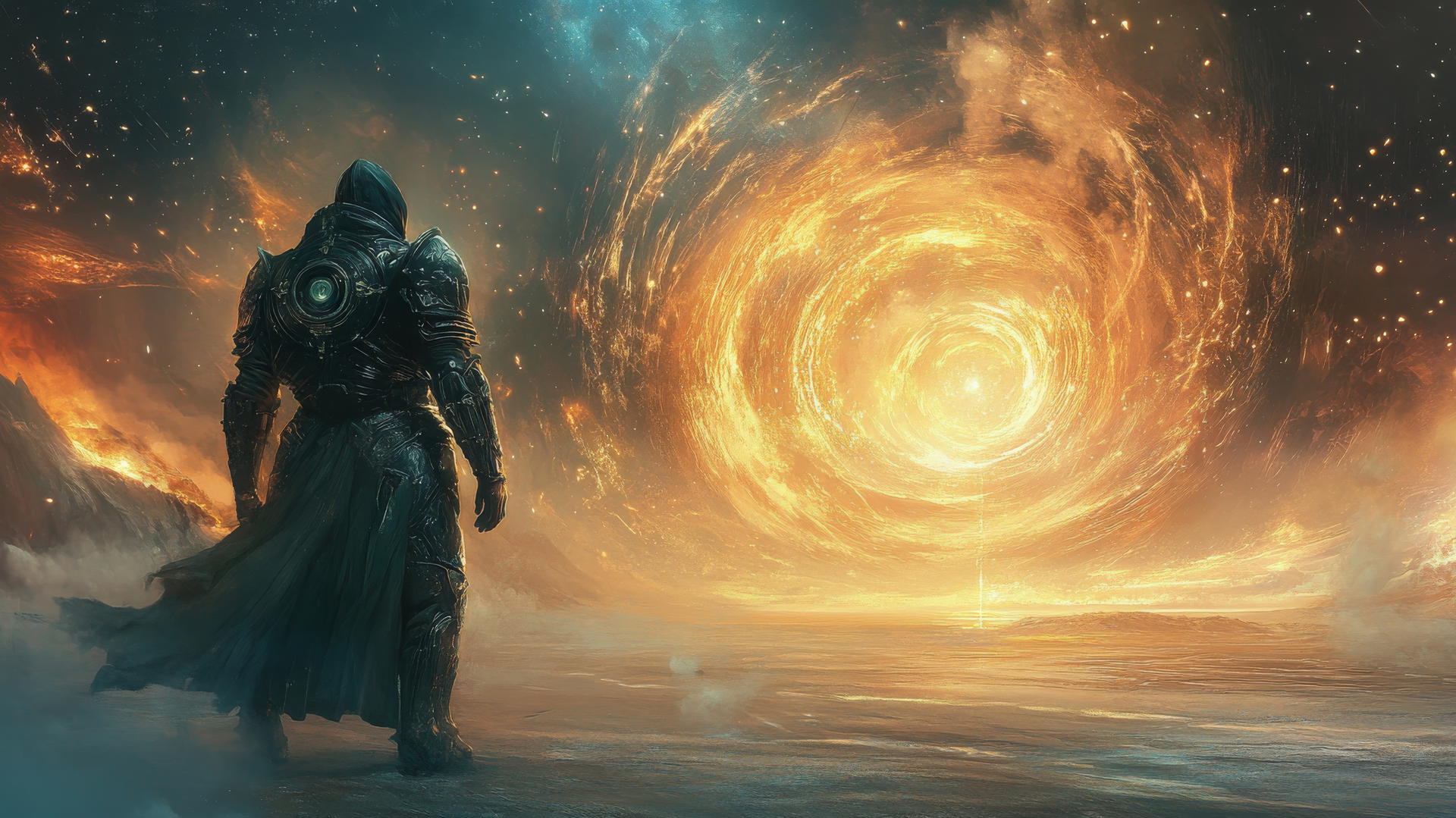 heroic knight in futuristic armor before a glowing portal, cool wallpapers for boys
