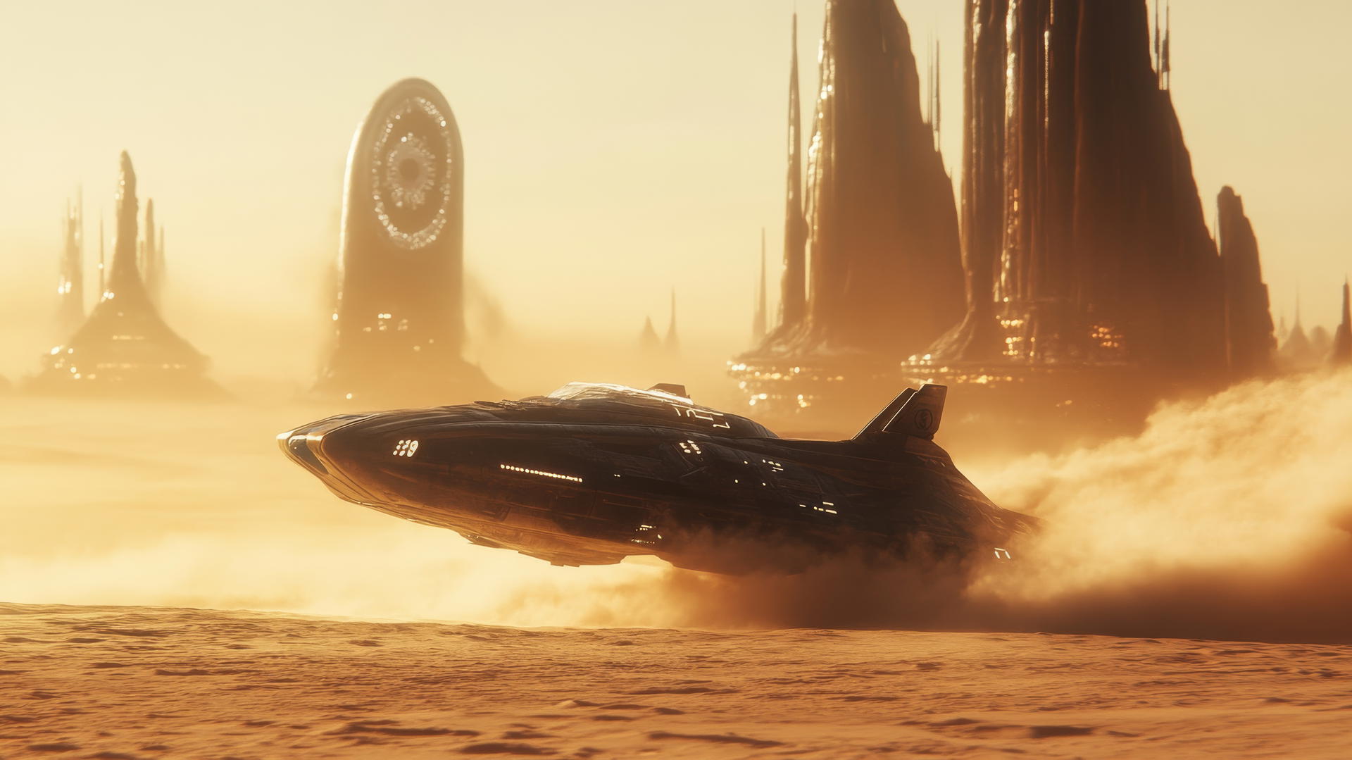 Futuristic spaceship flying low over a desert planet with glowing alien structures in the background