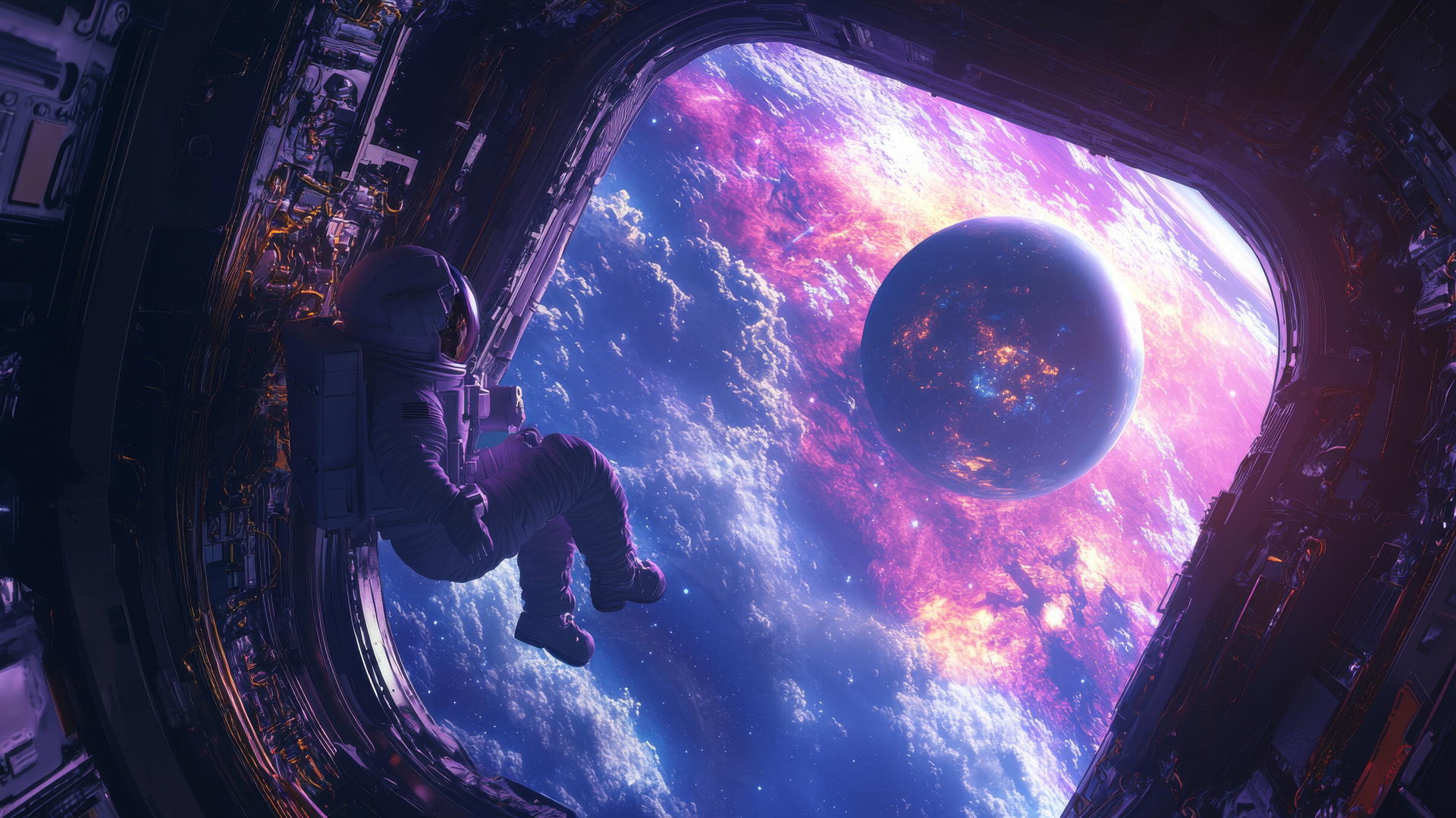 Young astronaut floating in zero gravity with a planet and galaxies visible.