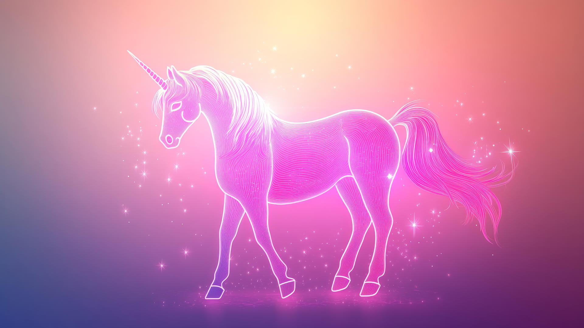 Neon silhouette of a glowing unicorn on a pastel background with star accents